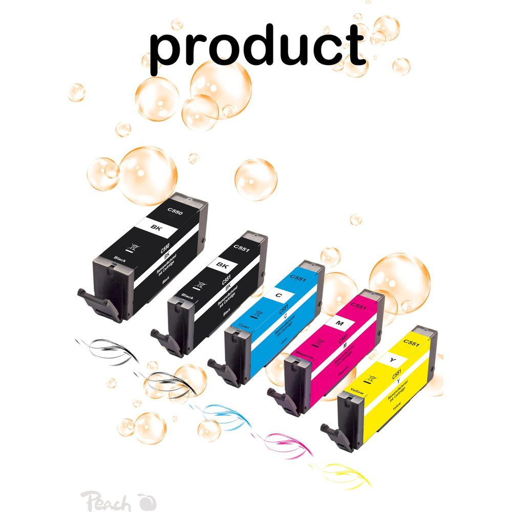 Pięć wkładów atramentowych: czarny, czarny, cyjan, magenta, żółty.