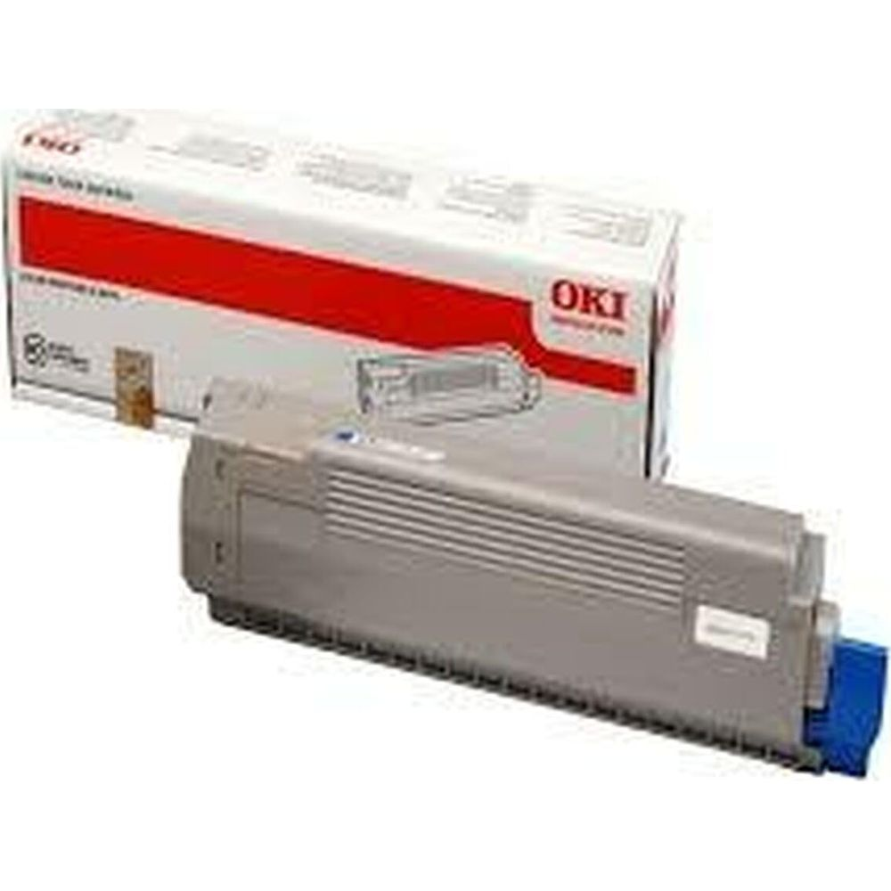 Toner OKI grigio con estremità blu e scatola bianca sullo sfondo.