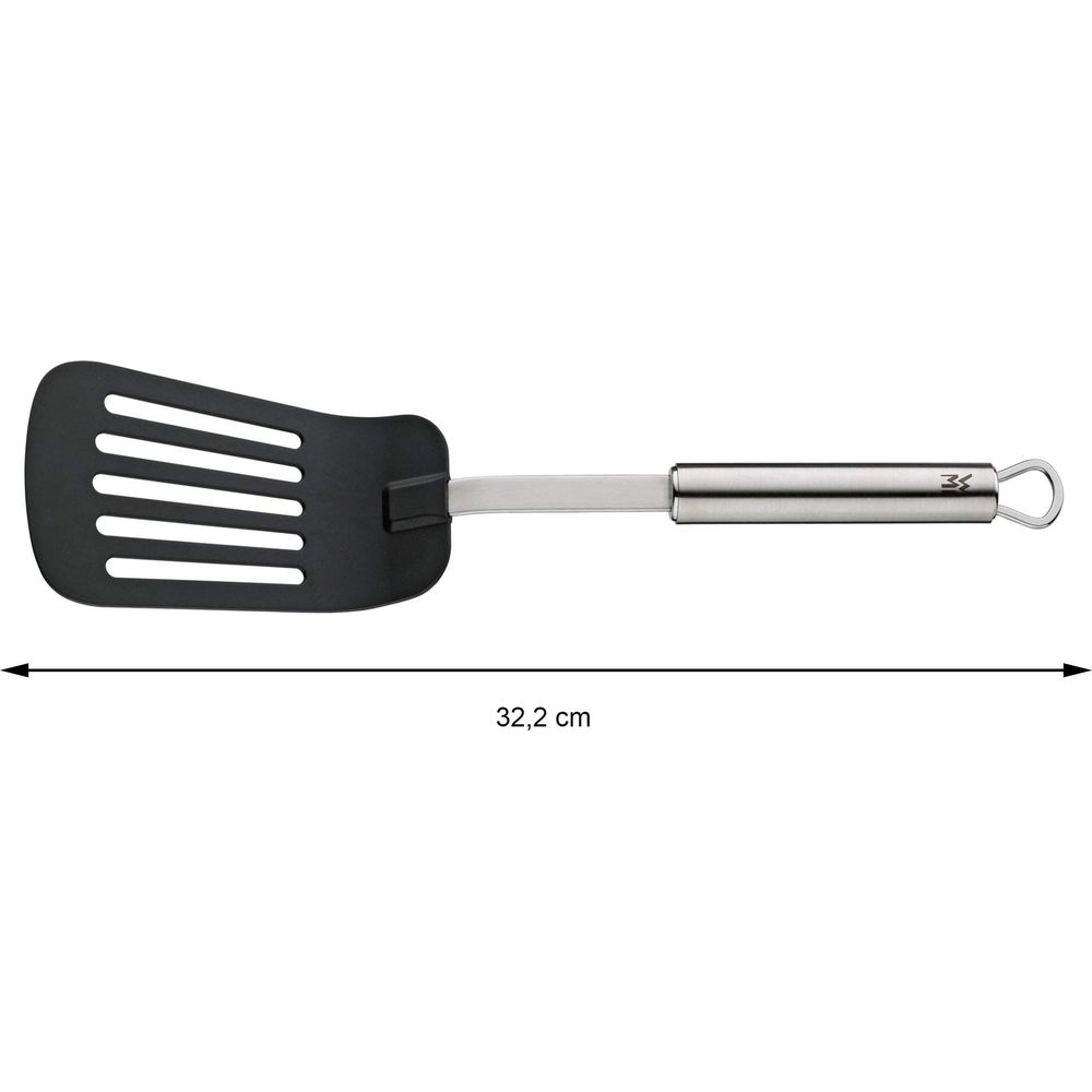 Czarna łopatka z otworami, stalowy uchwyt i pętla. Długość 32,2 cm.