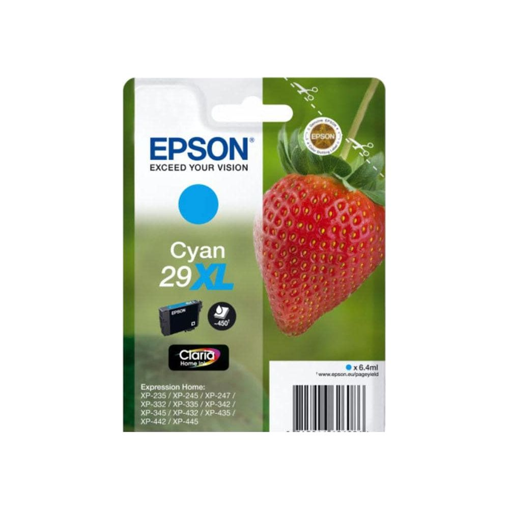 Epson Cyan 29XL Tintenpatronenverpackung mit Erdbeerengrafik und Kompatibilitätsliste.