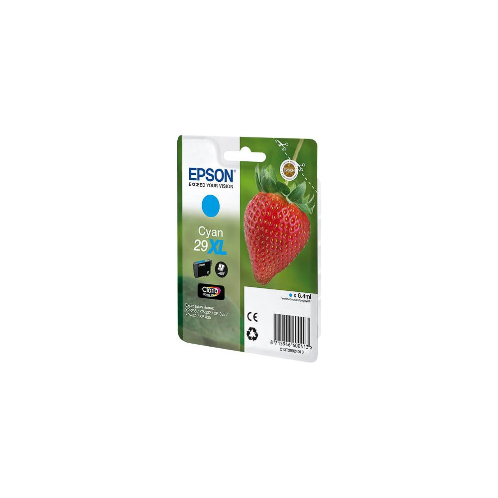 Epson Cyan 29XL Tintenpatrone mit Erdbeere und CE-Siegel auf Verpackung.