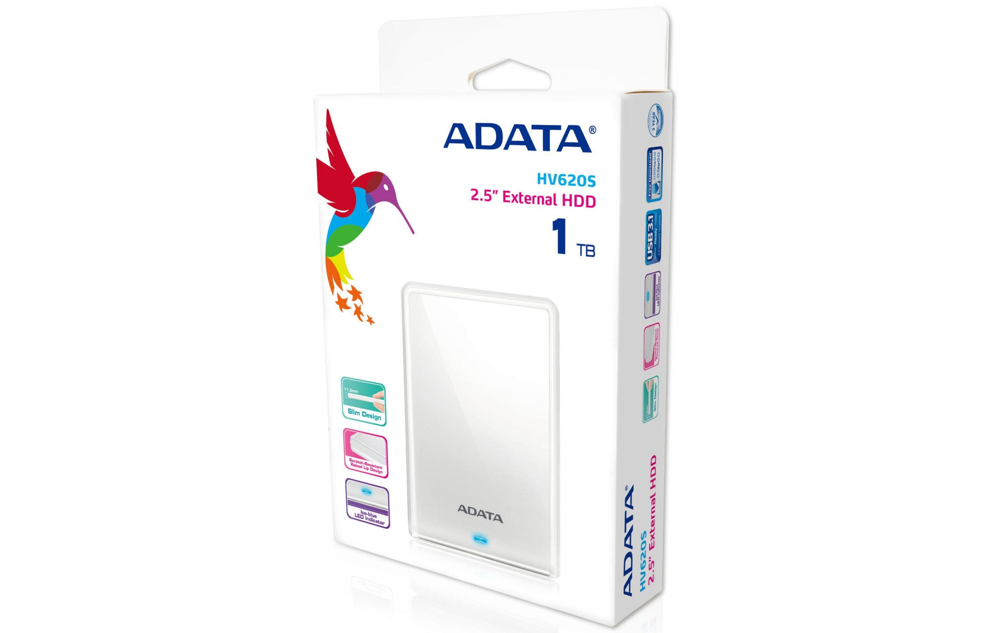 ADATA HV620S 2.5" External HDD 1TB with colorful hummingbird logo and USB 3.1.