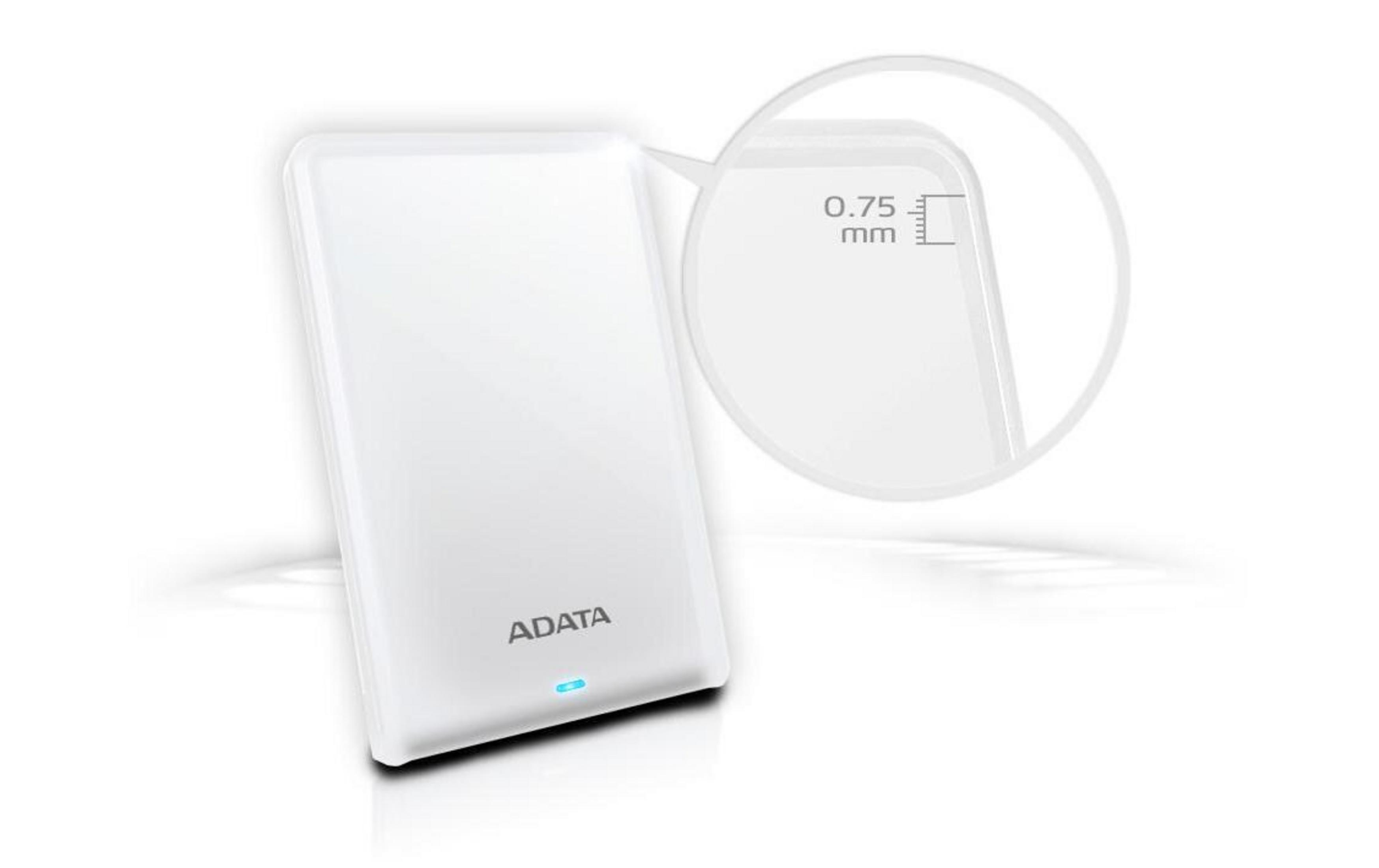 A slim white ADATA device with a magnified detail showing its 0.75 mm thickness.