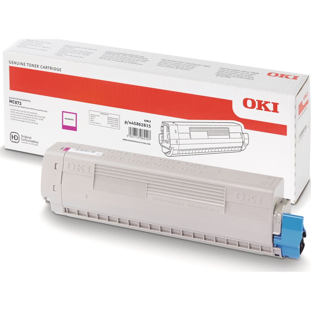 Karton z tonerem OKI magenta, model MC873, leży przed pudełkiem OKI.