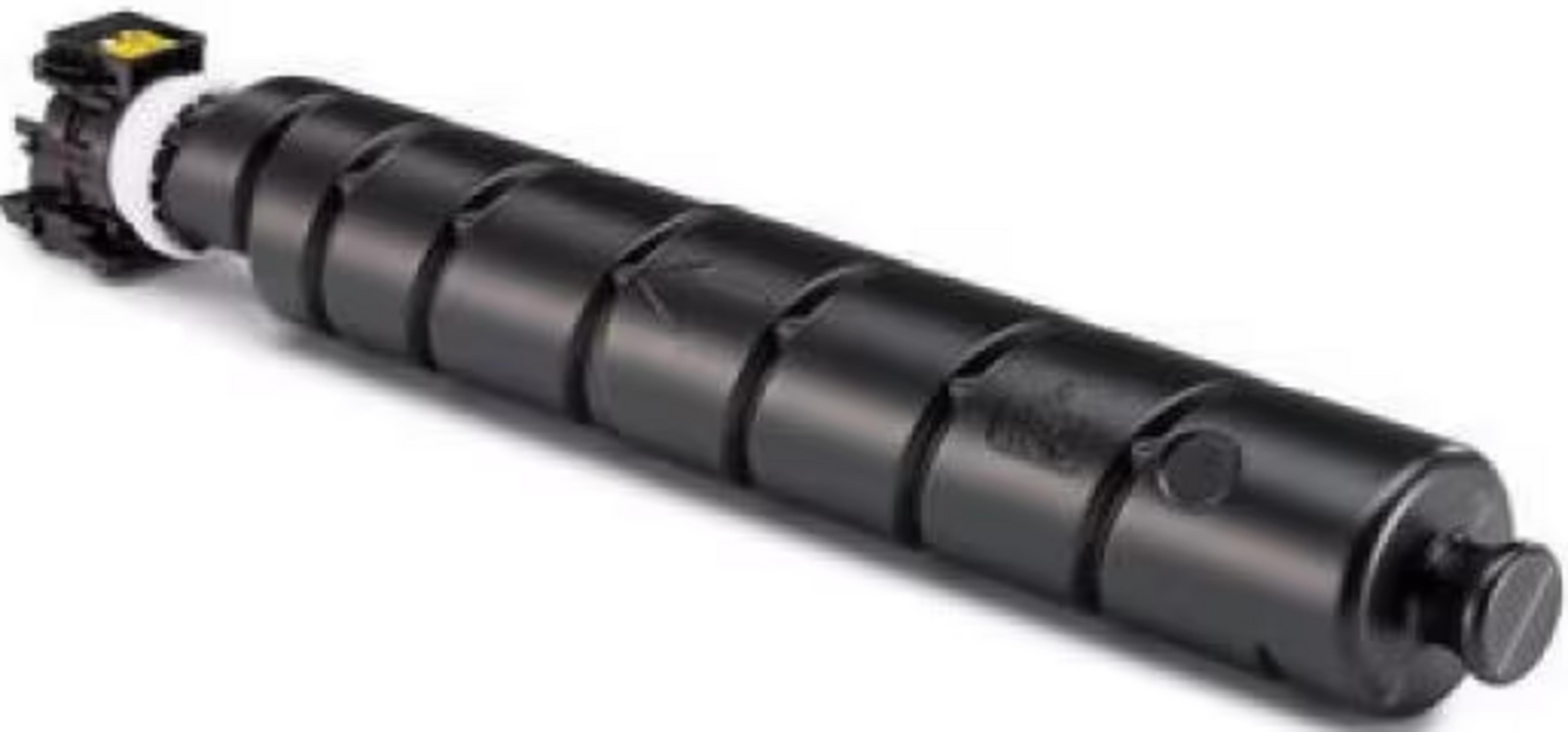 Czarny cylinder z tonerem o spiralnym wzorze i złączem na białym tle.