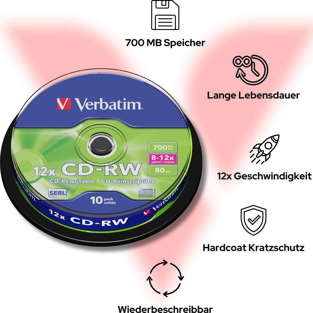 Verbatim CD-RW 700MB, prędkość 12x, wielokrotnego zapisu, długa żywotność.