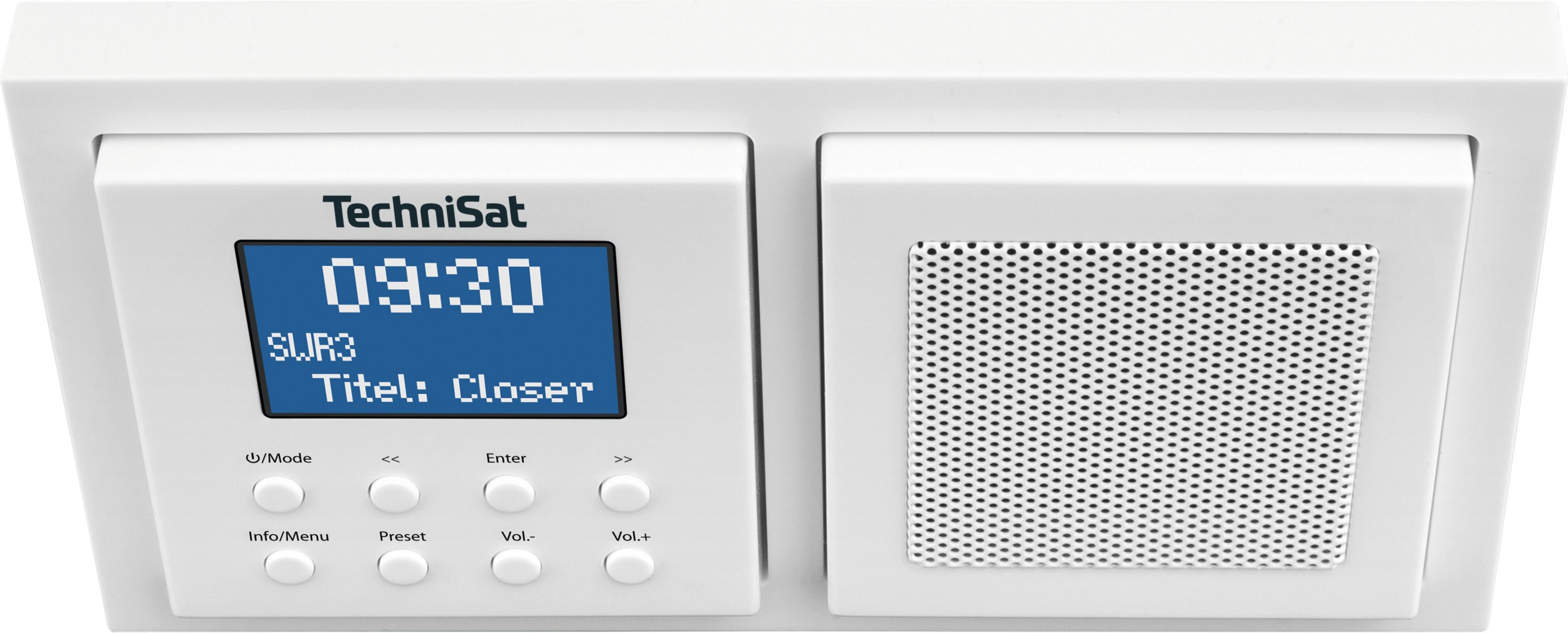 Une radio TechniSat blanche avec écran numérique et grille de haut-parleur.