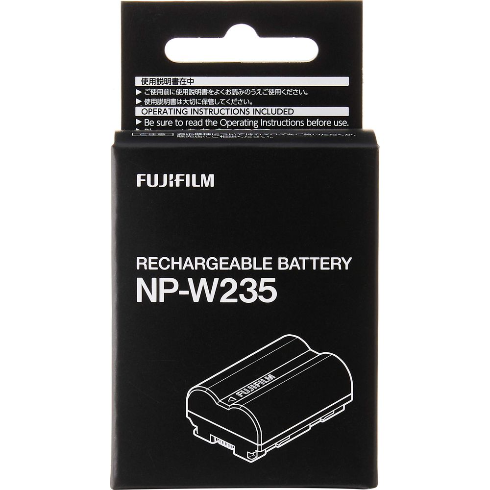 Confezione di una batteria ricaricabile Fujifilm NP-W235 con illustrazione.