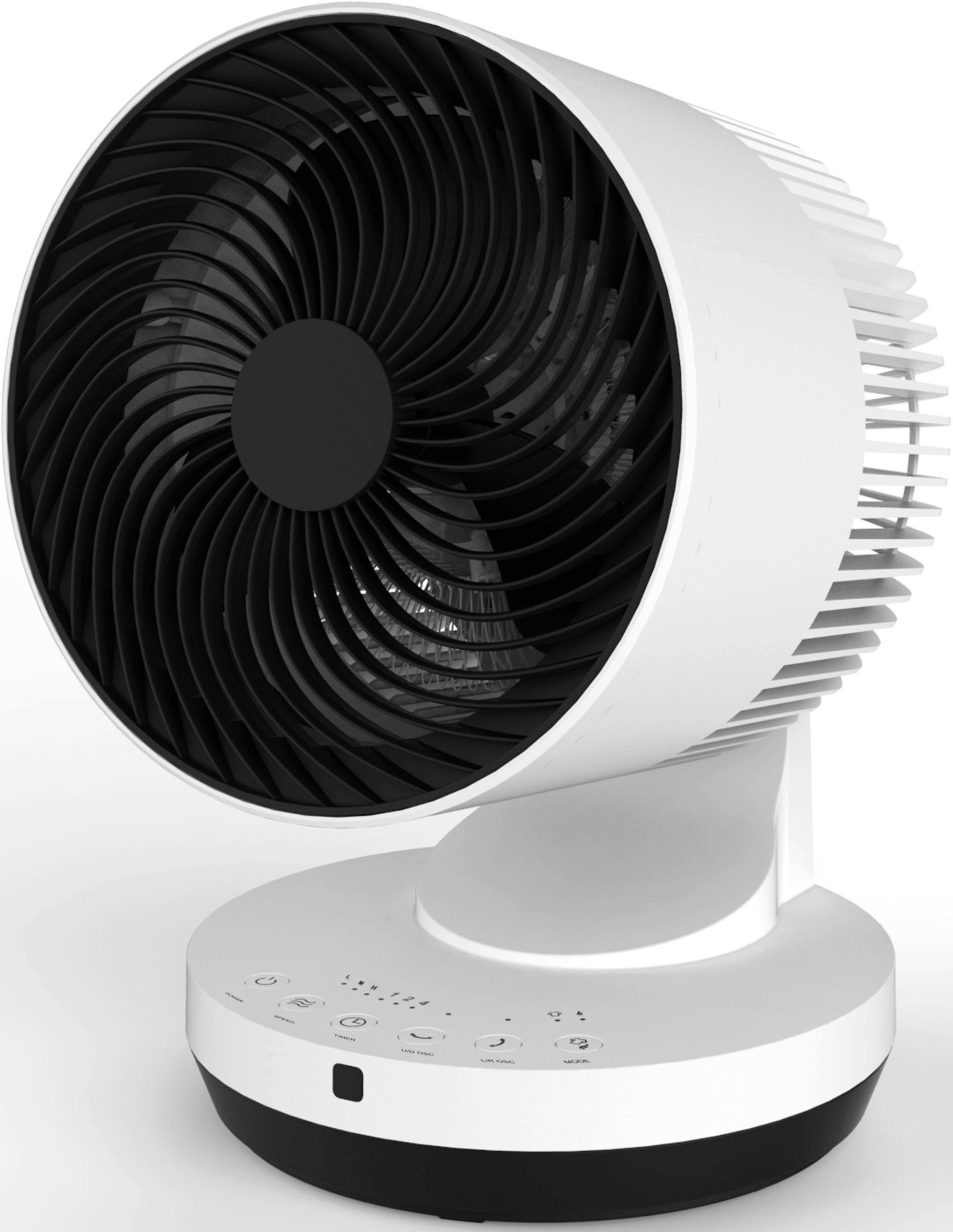 Ein weißer Tischventilator mit schwarzem Lüftergitter und Bedienfeld.