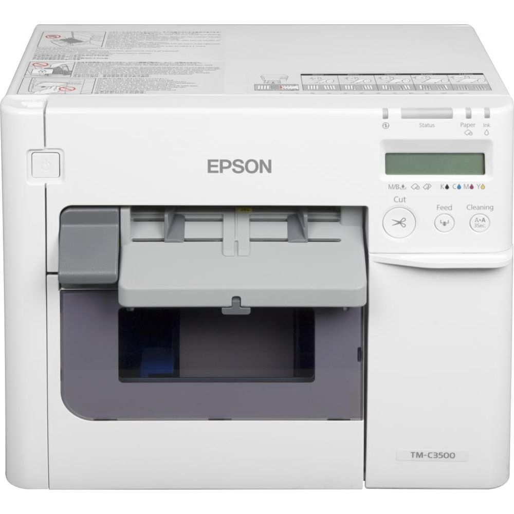 Biała drukarka etykiet kolorowych Epson TM-C3500 z przyciskami sterującymi.