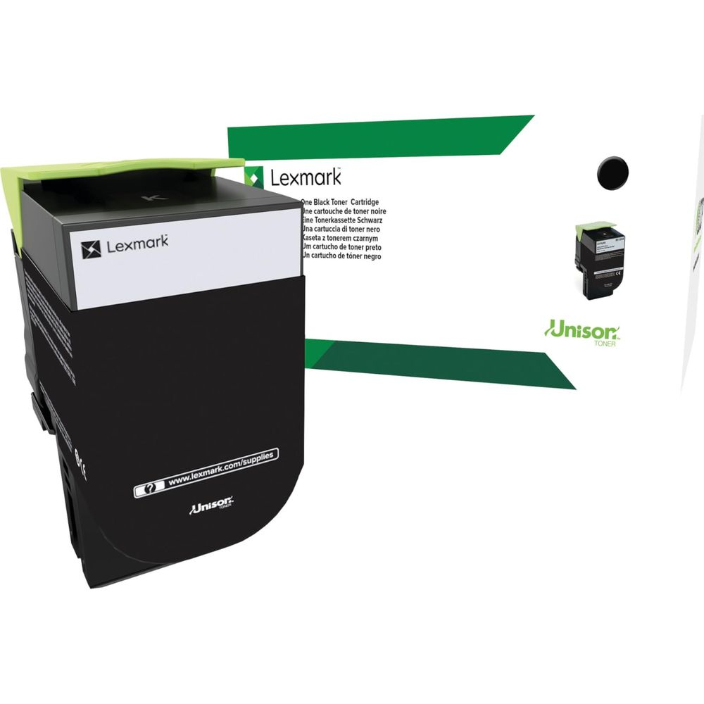 Czarny toner Lexmark z zielonymi akcentami i informacjami o produkcie.