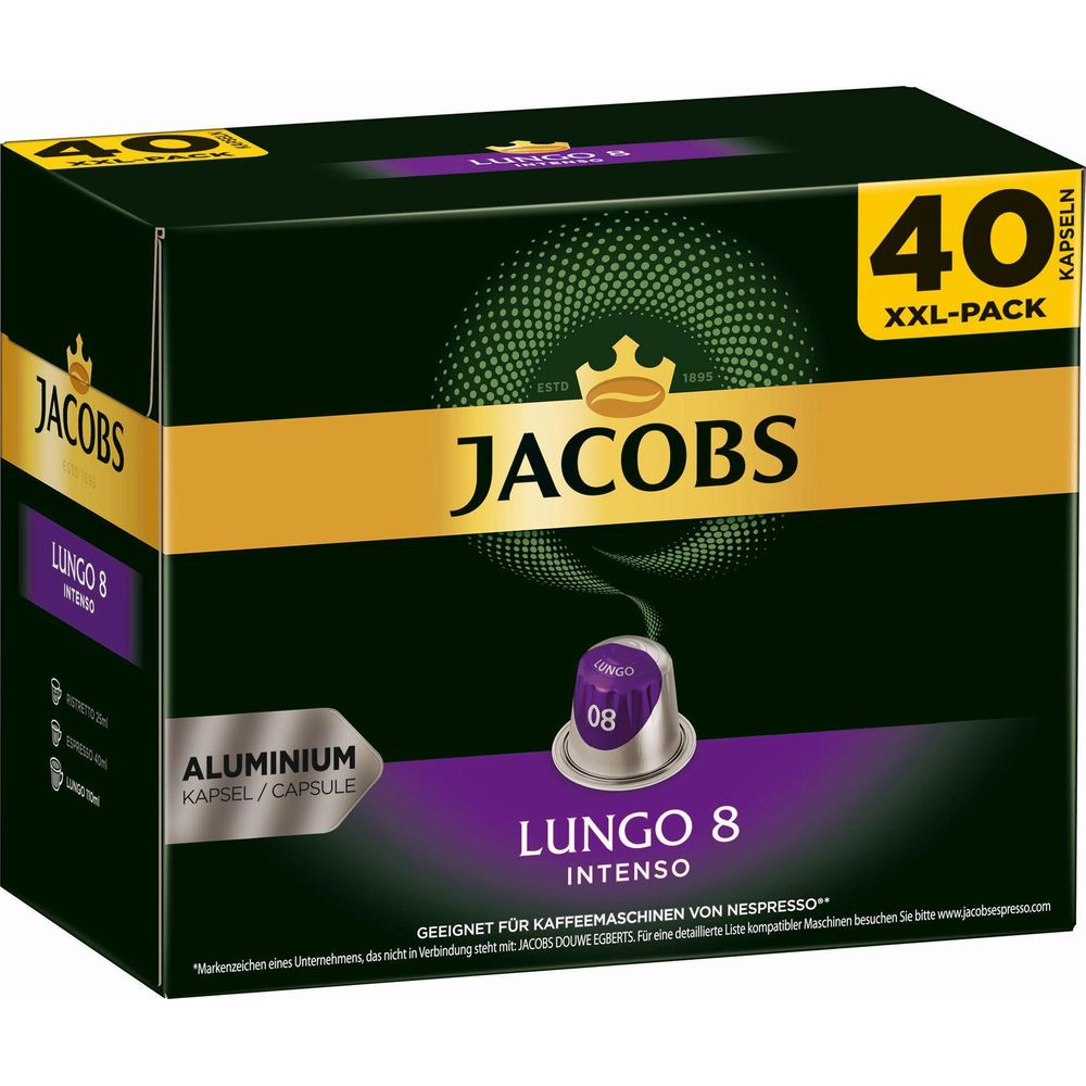 Capsule caffè Jacobs Lungo 8 Intenso, confezione XXL da 40, capsule in alluminio.