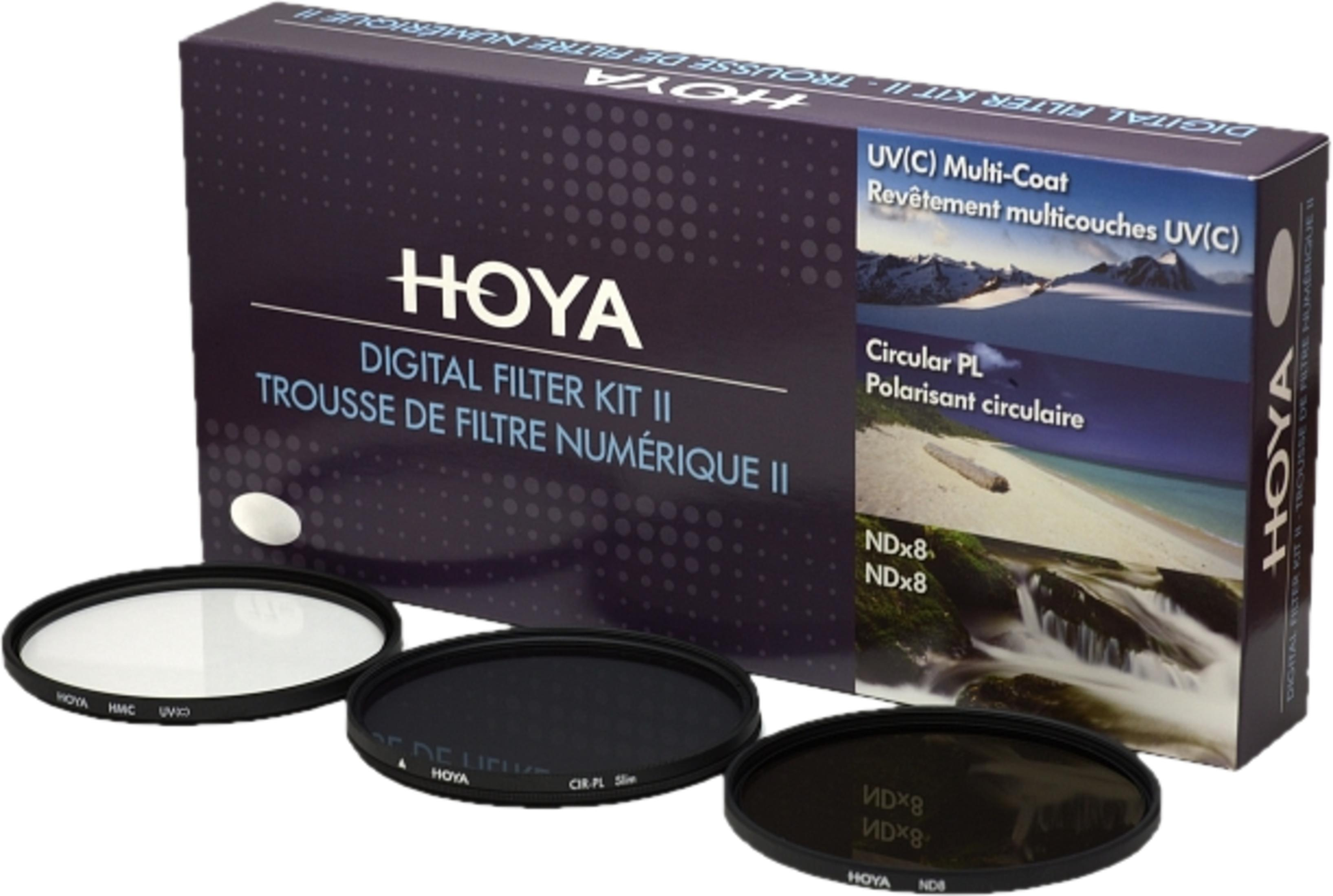 HOYA Digital Filter Kit II met drie filters en verpakking. Filters zijn UV, Circular PL en NDx8.