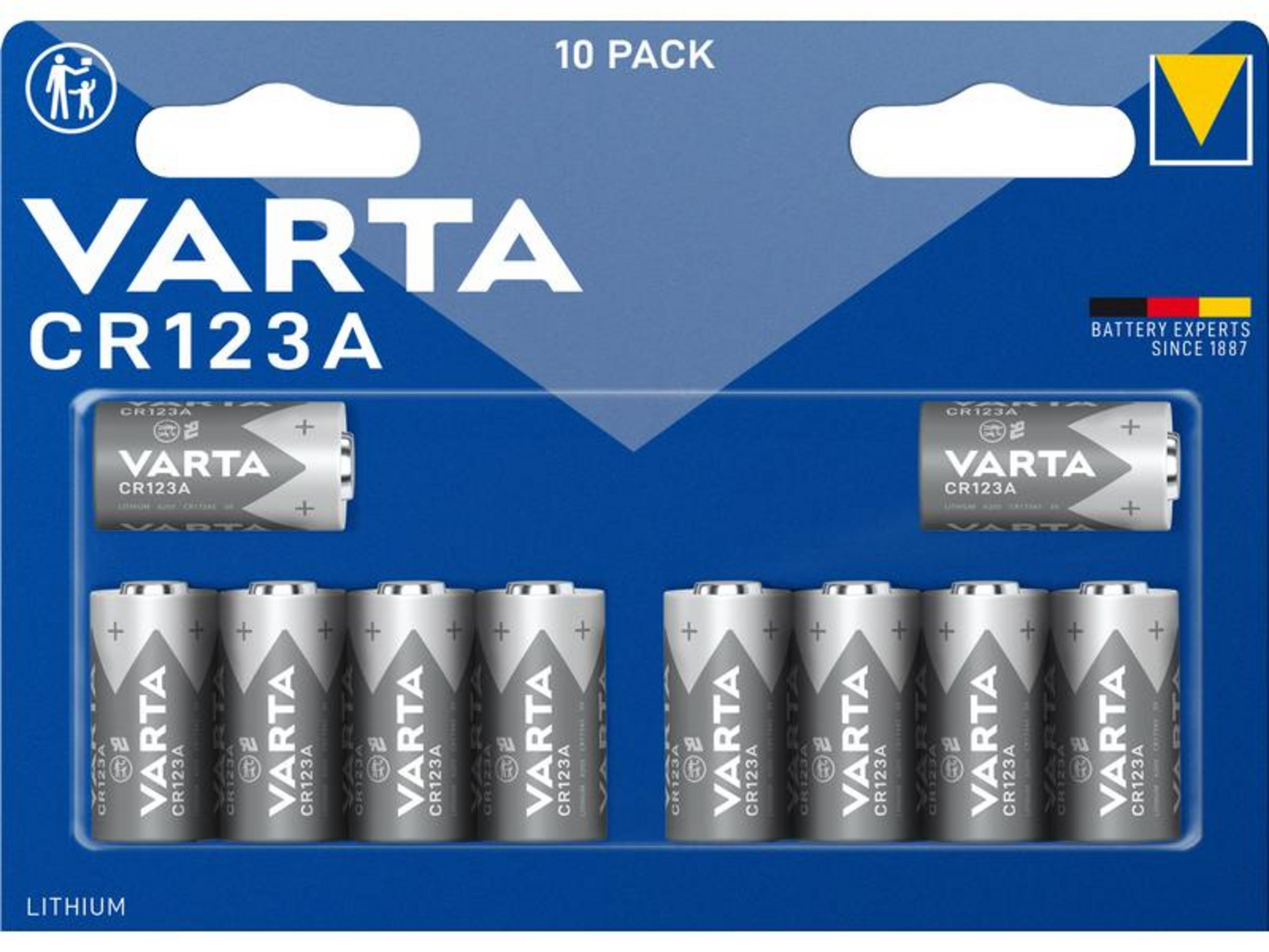Packung mit 10 Varta CR123A Lithiumbatterien, silbern mit grauer Aufschrift.