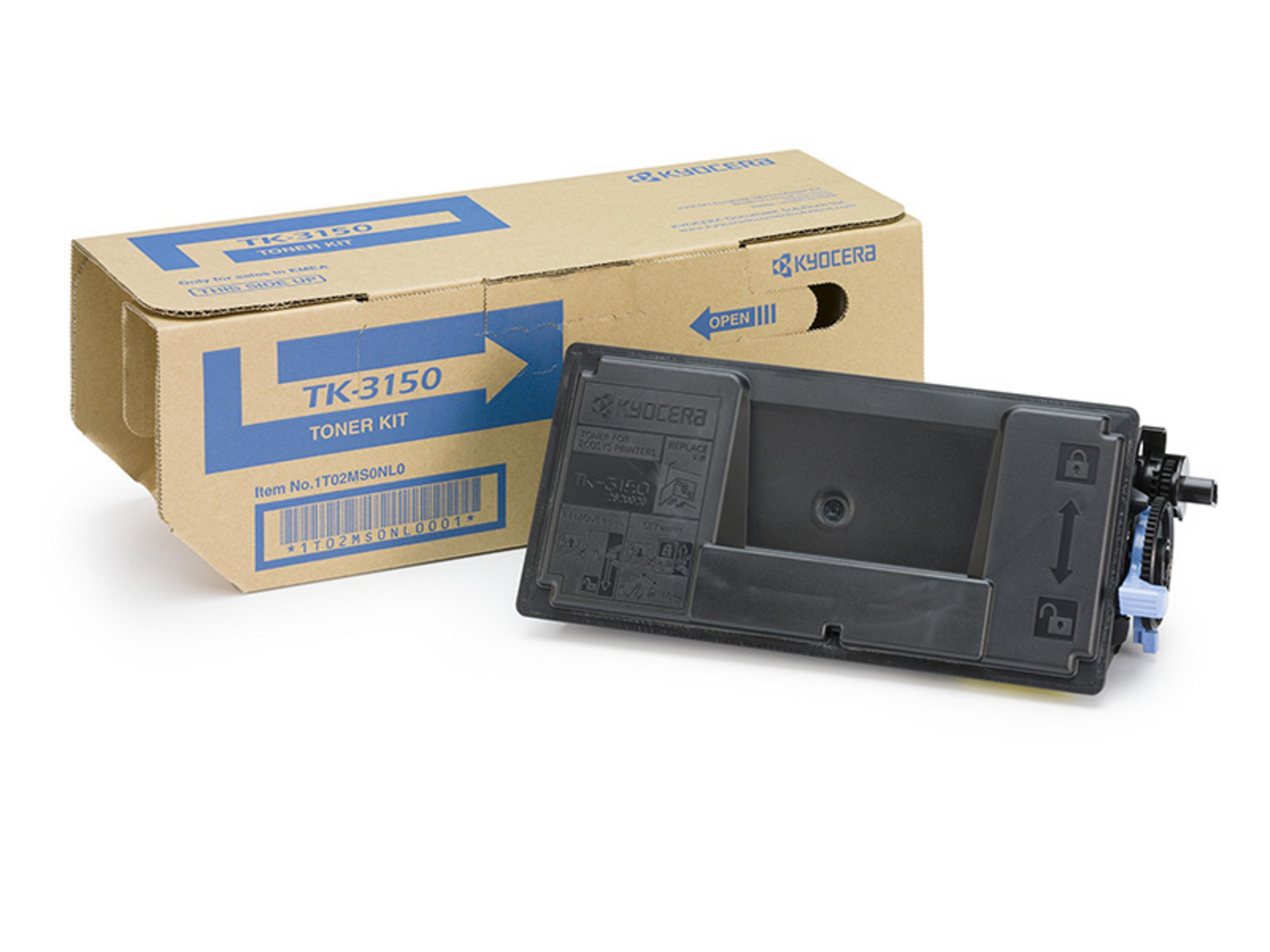 Kyocera TK-3150 toner kit doos met verwijderde toner cartridge.
