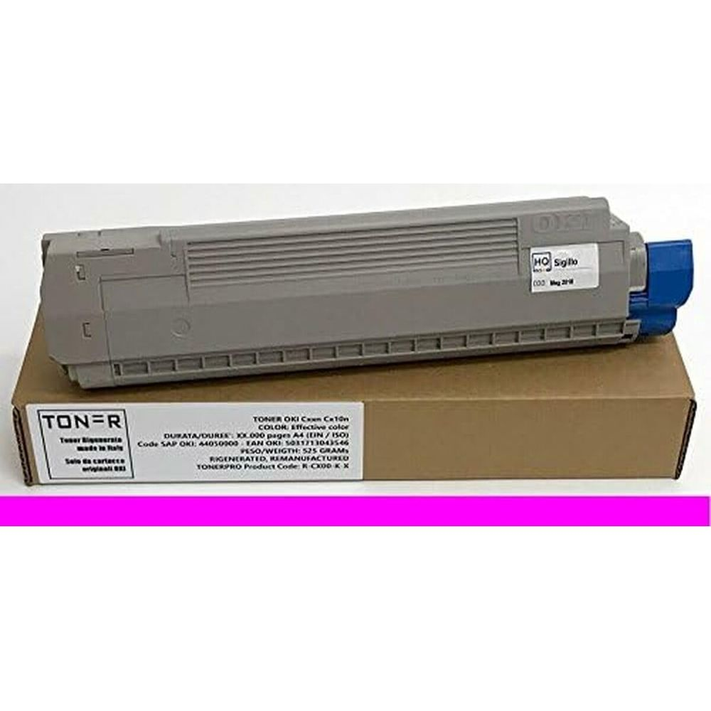 Grijze tonercartridge met blauw uiteinde op bruine doos.