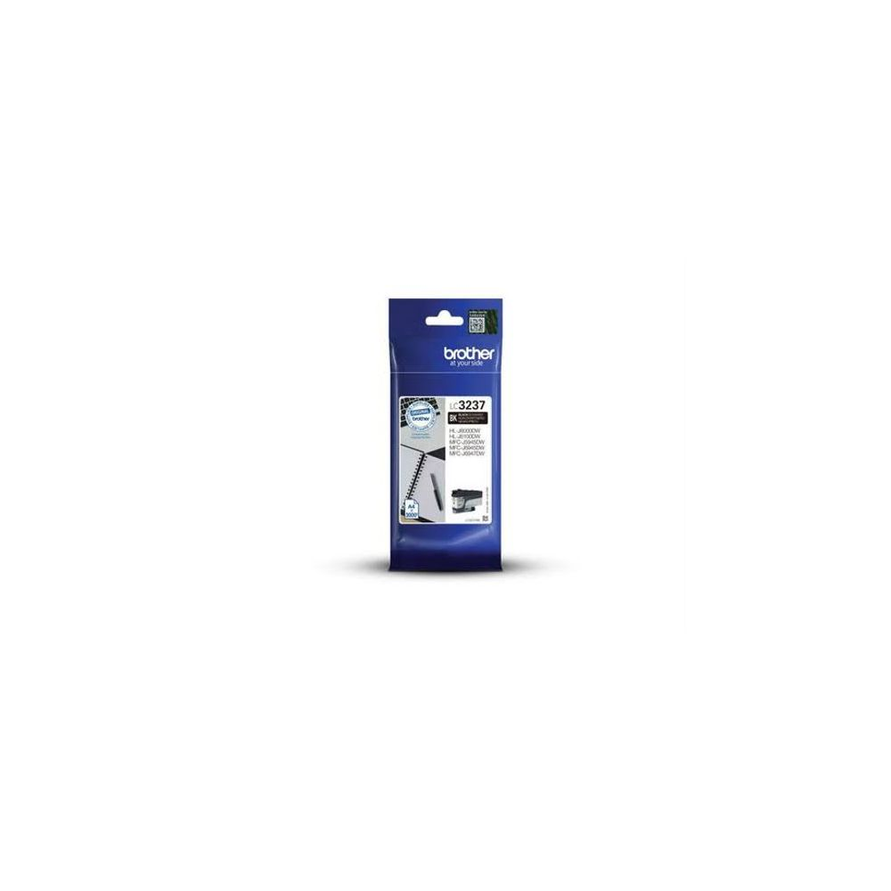 Brother LC3237 black ink cartridge packaging with printer image.