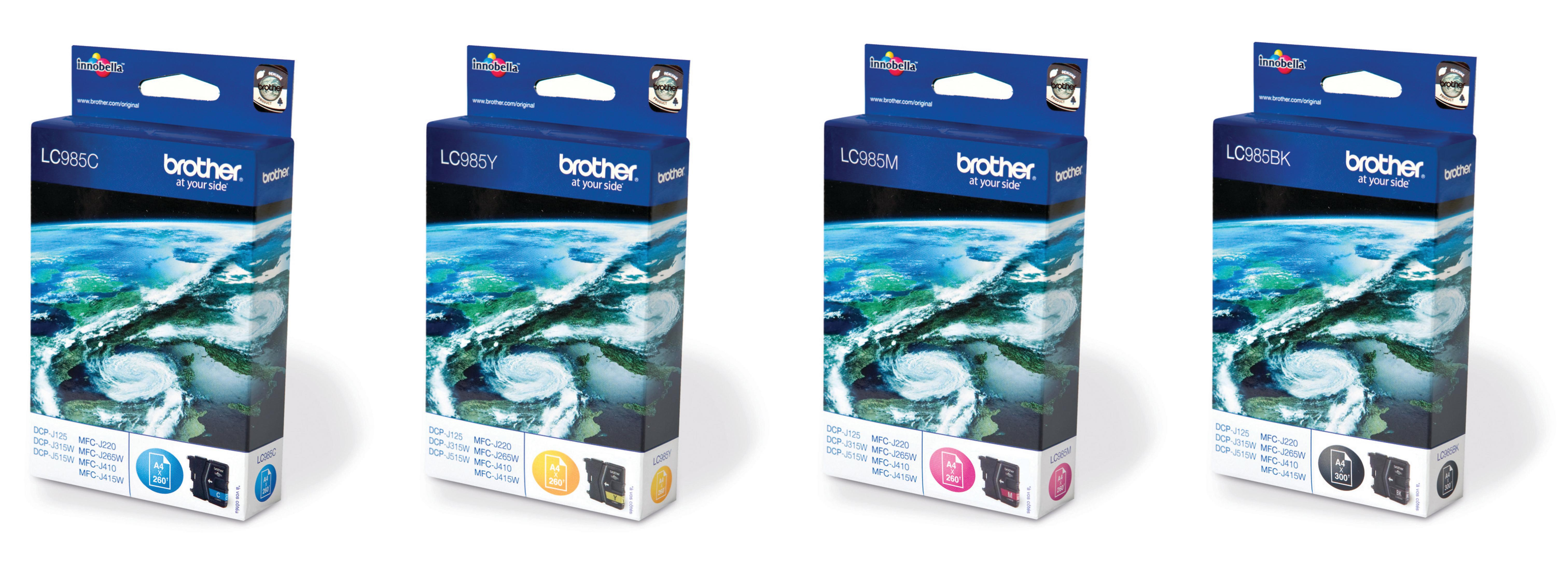 Cztery wkłady atramentowe Brother z motywem chmur z przodu.