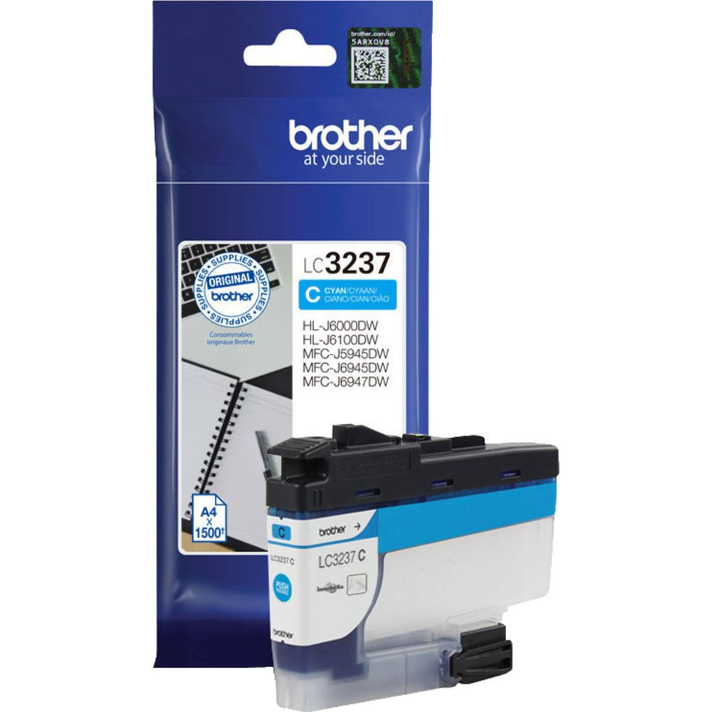 A cyan Brother LC3237 ink cartridge with packaging.