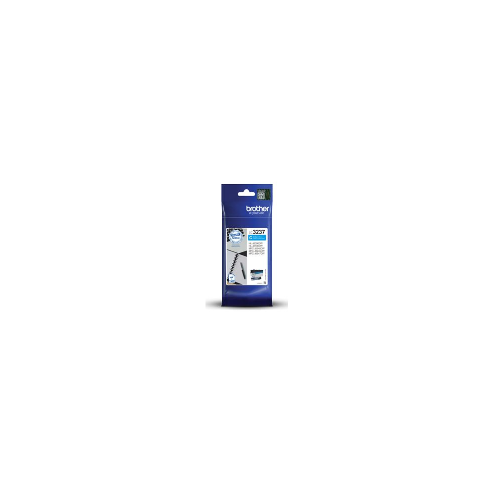 Brother LC3237C ink cartridge in blister pack with printer image.