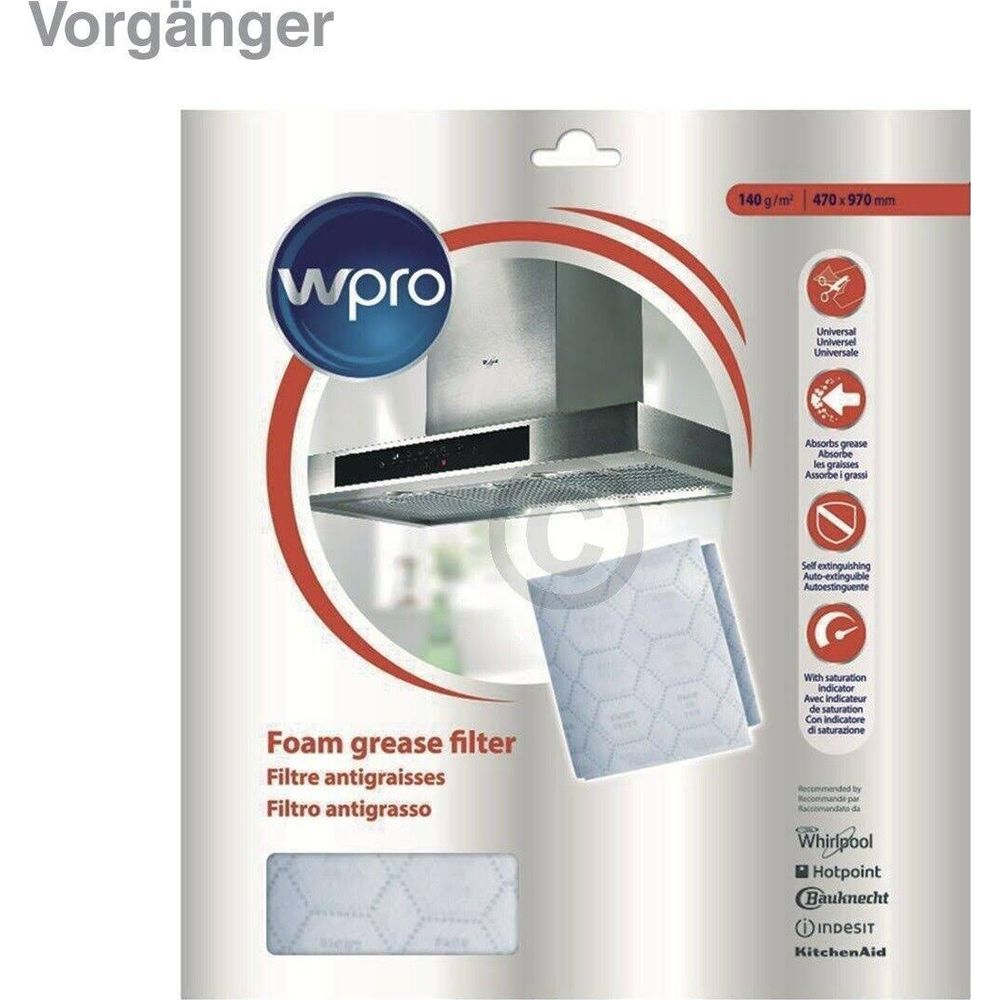 Filtr tłuszczu piankowy Wpro do okapów, z wskaźnikiem. Logo marek.