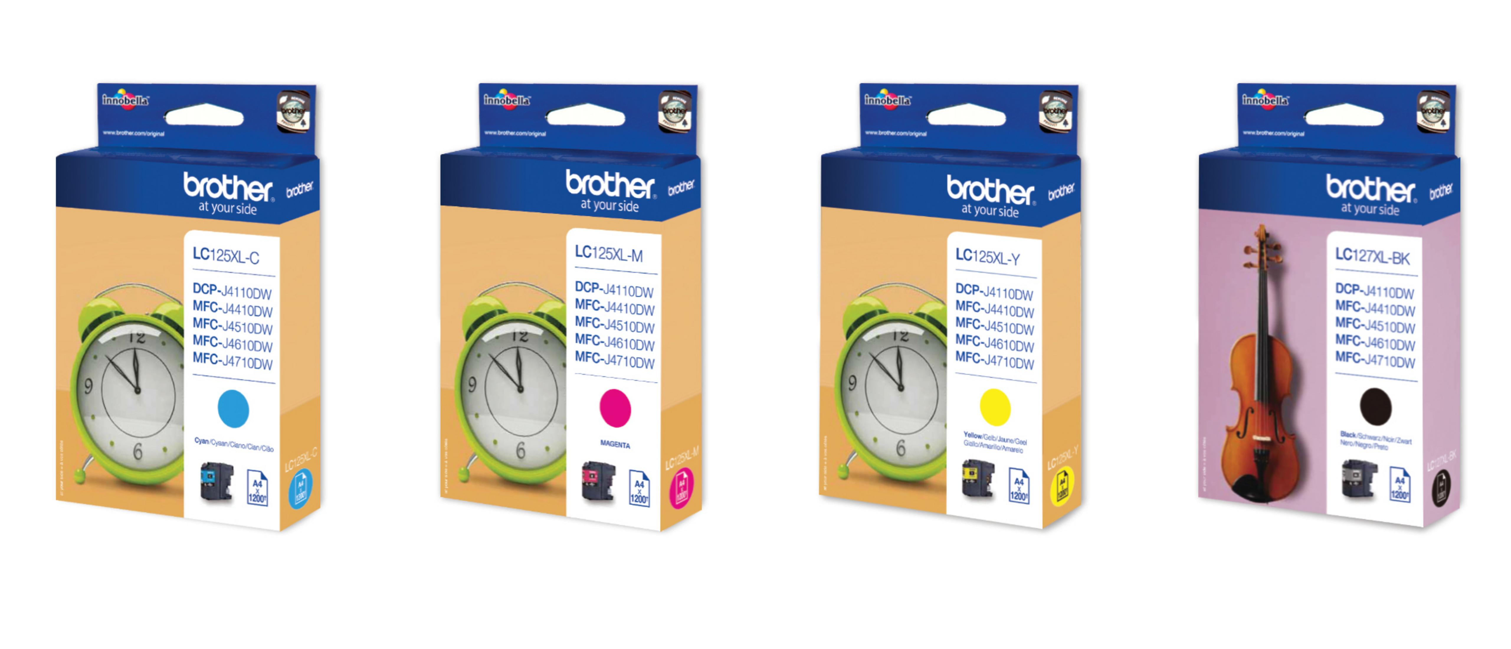Vier Brother inktcartridges: Cyaan, Magenta, Geel en Zwart. Drie met wekkers, één met viool.