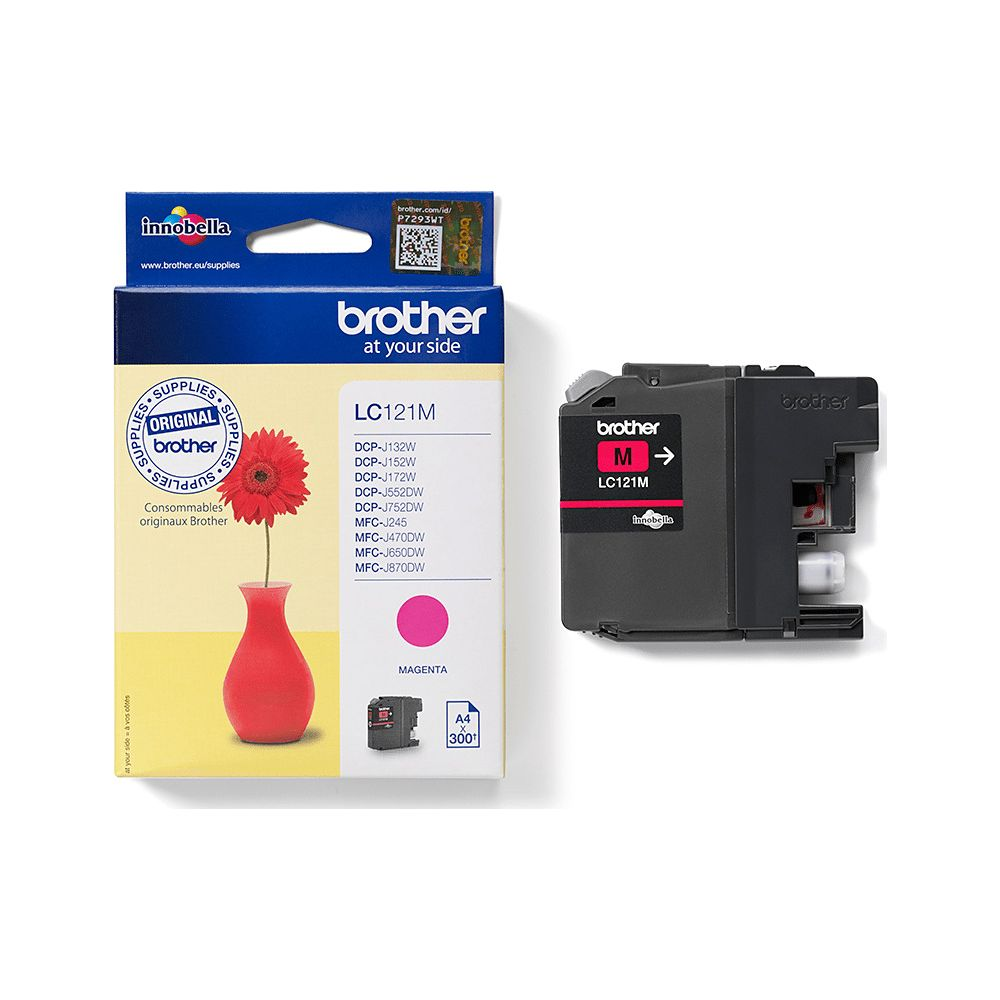 Różowe opakowanie i pojedynczy wkład atramentowy Brother LC121M.