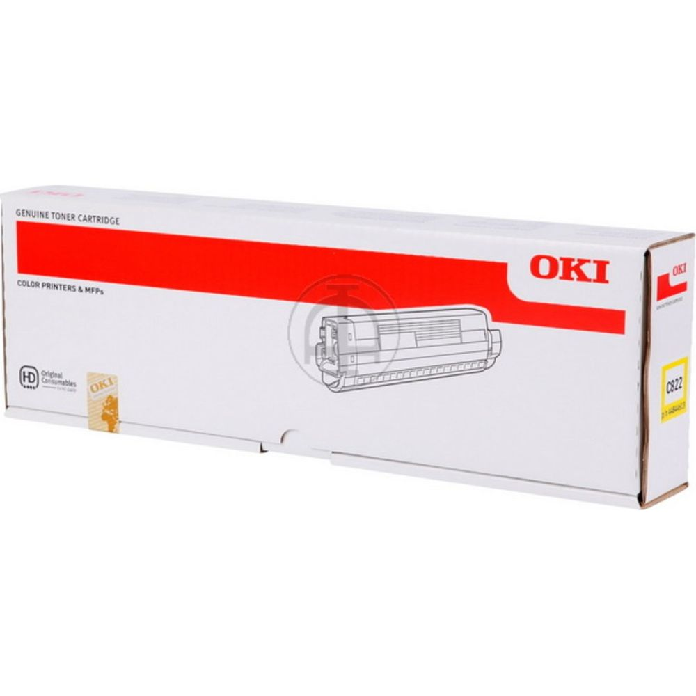 Witte OKI tonercartridge doos met rode streep en afbeelding van cartridge.