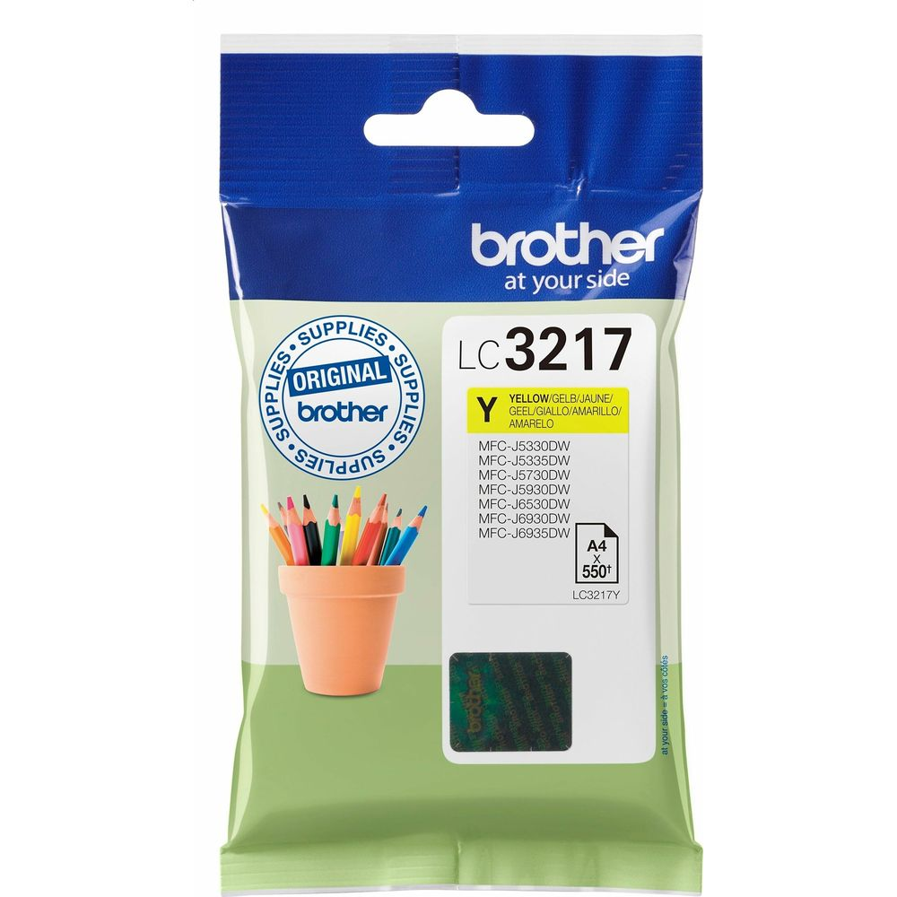 Oryginalny żółty tusz Brother LC3217 z długopisami w doniczce.