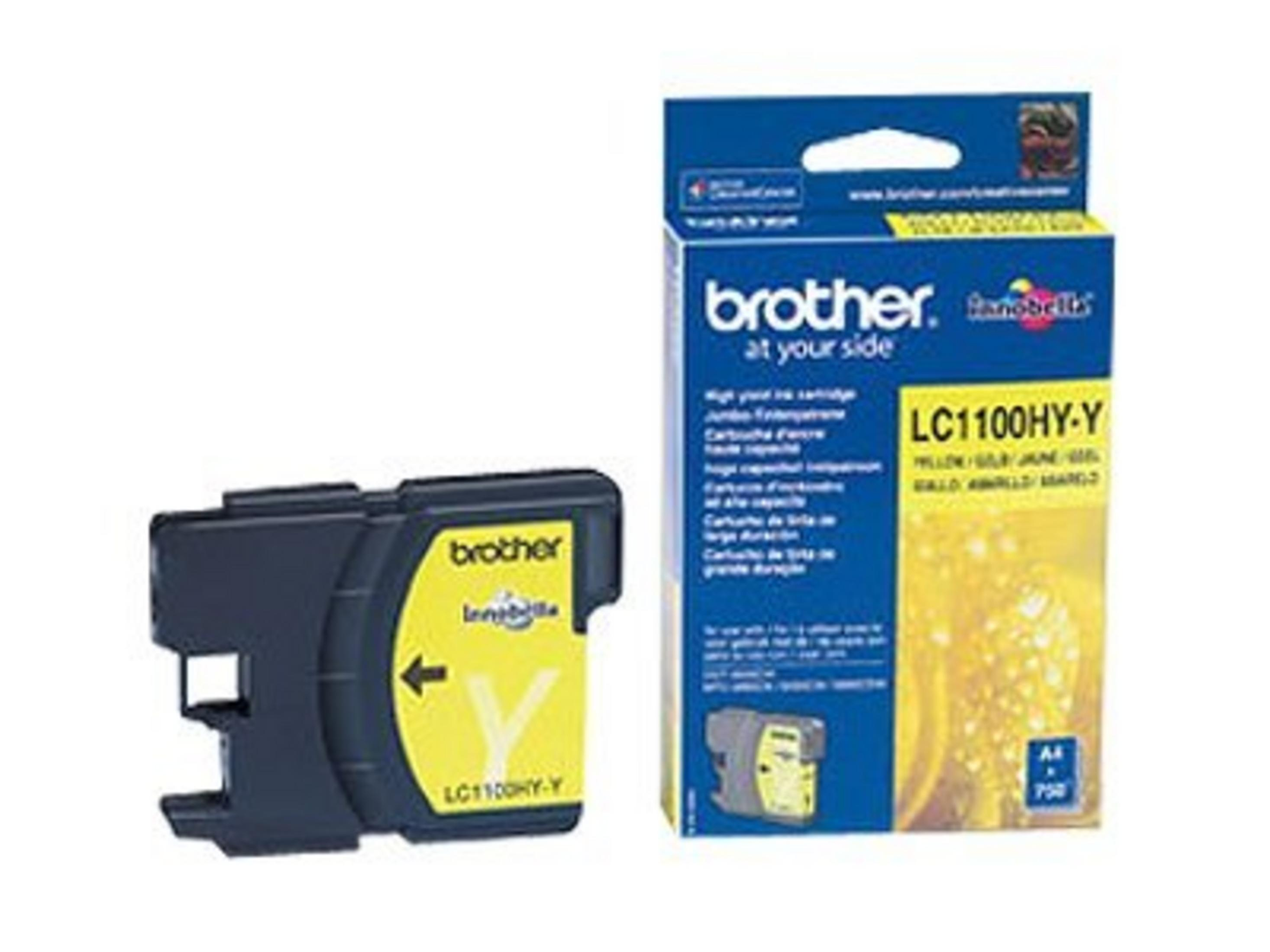 A yellow Brother LC1100HY-Y ink cartridge box and cartridge.