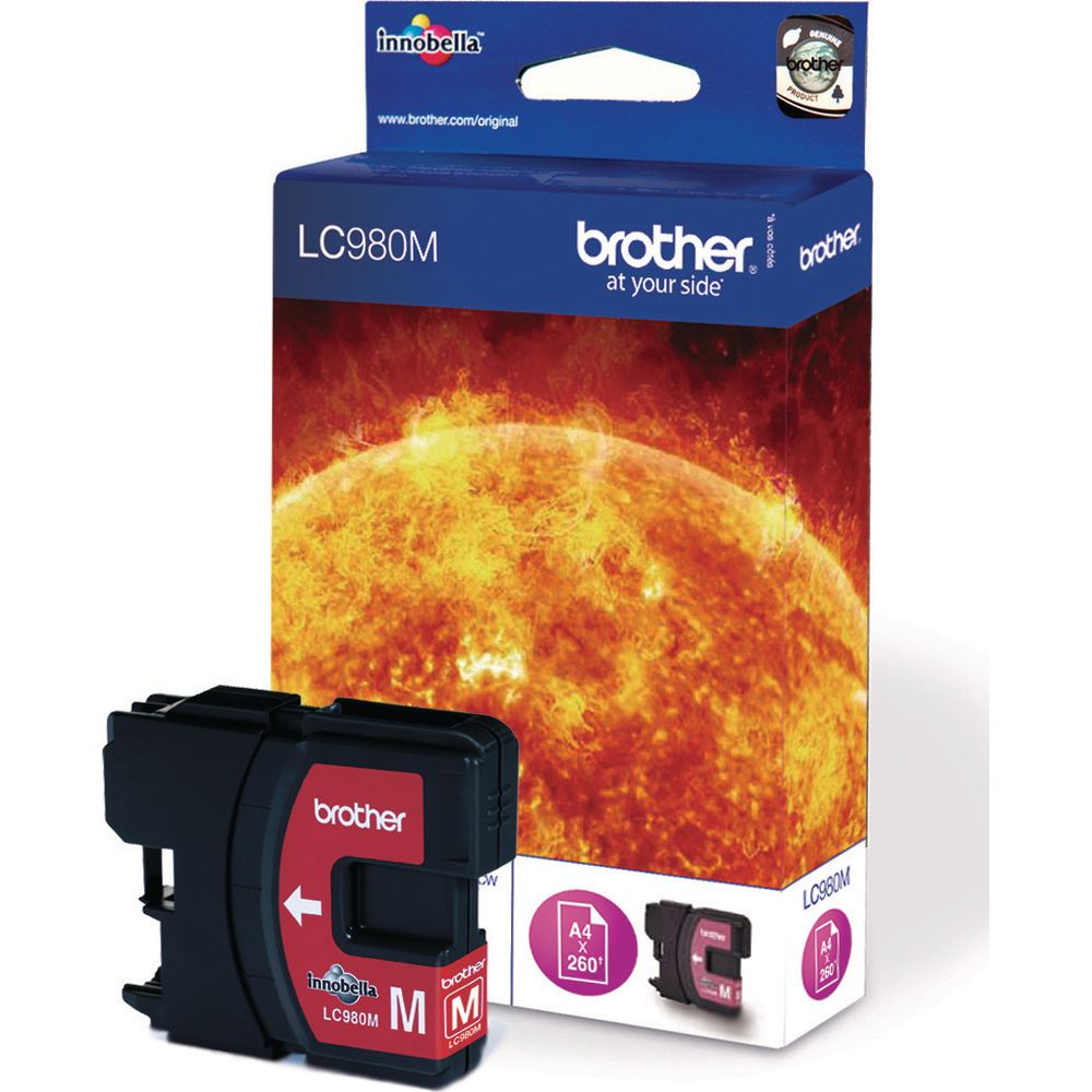 Opakowanie tuszu Brother LC980M ze słońcem w tle.