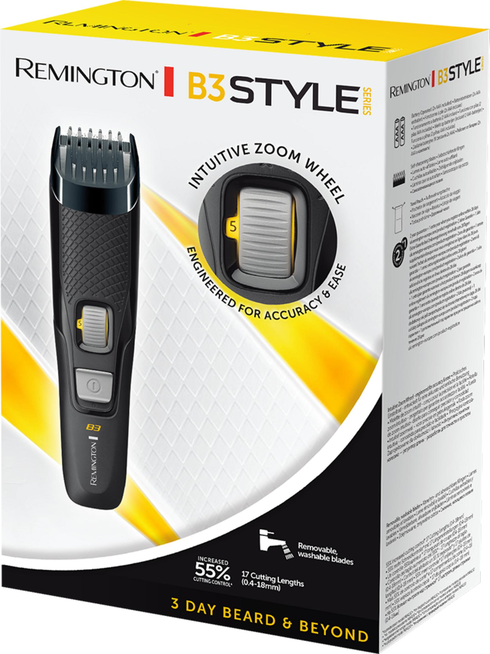 Remington B3 Style Trimmer Verpackung mit Trimmer, Zoomrad und Text.