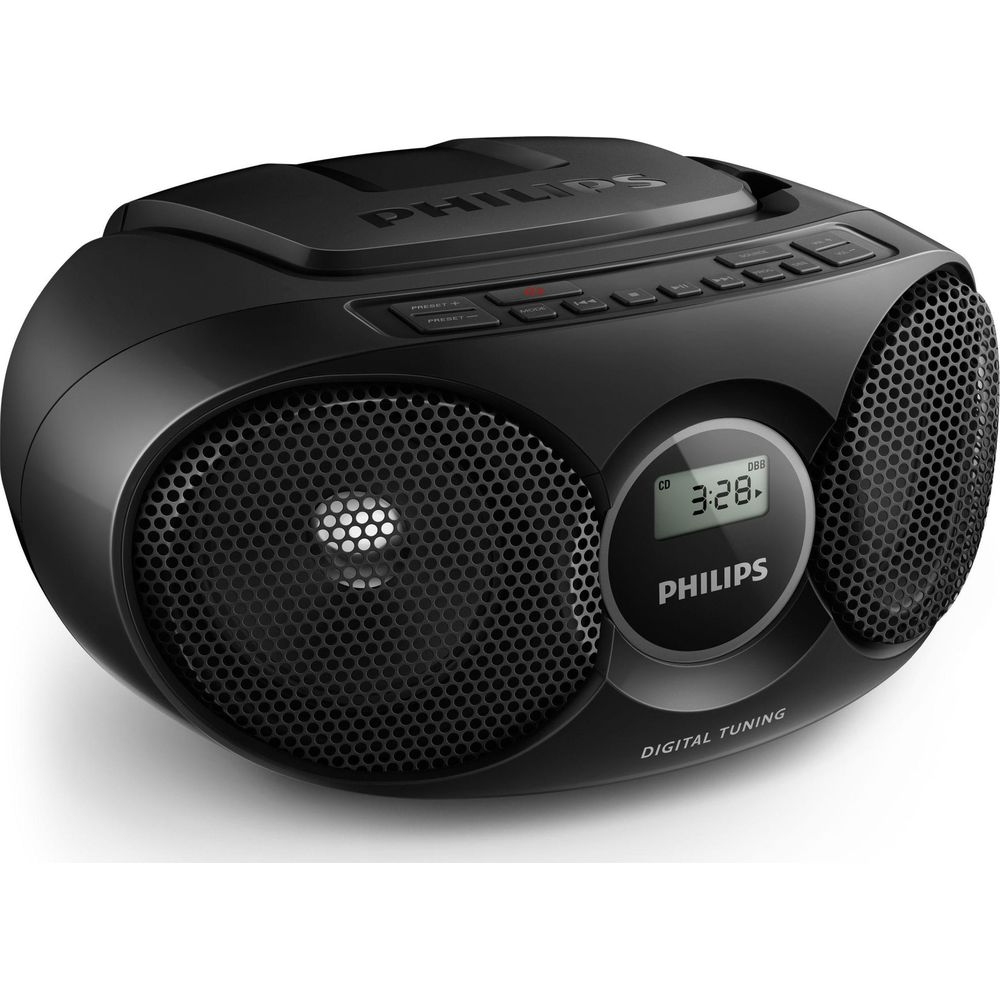 Boombox Philips negra con reproductor de CD y altavoces.