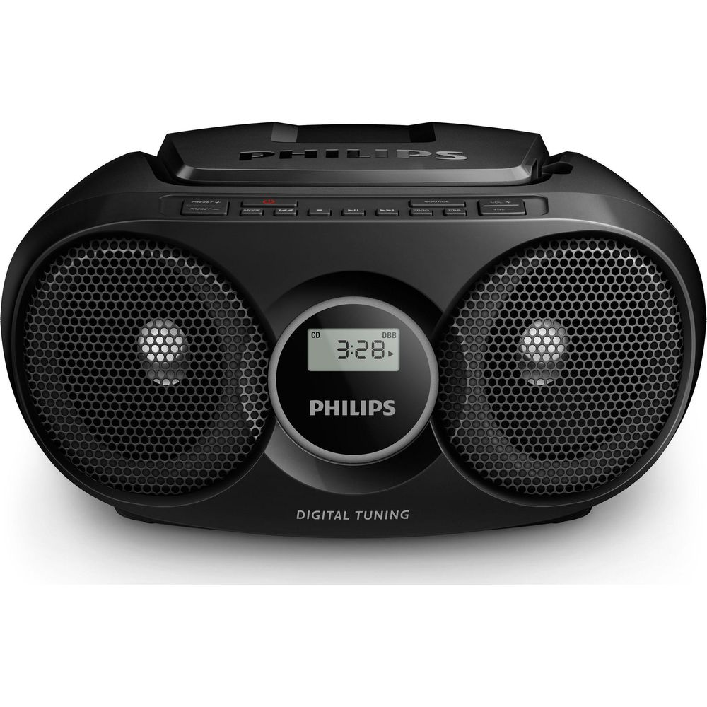 Radiocasete Philips negro con dos altavoces, reproductor de CD y pantalla digital.