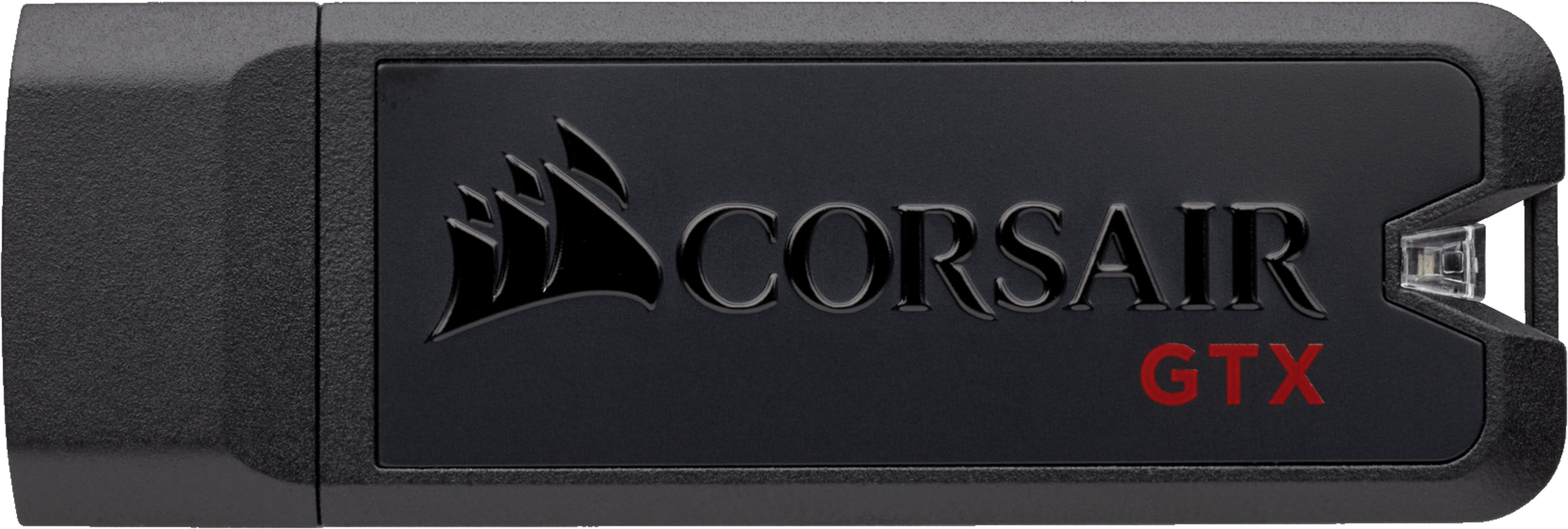 Pen drive Corsair GTX nero con logo e scritte rosse.