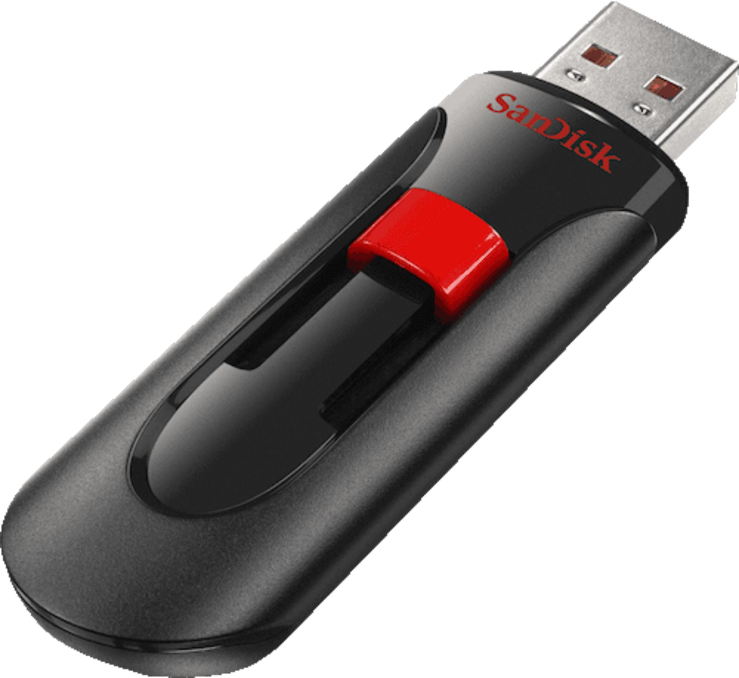 Zwarte SanDisk USB-stick met rode schuifregelaar en zilveren connector.