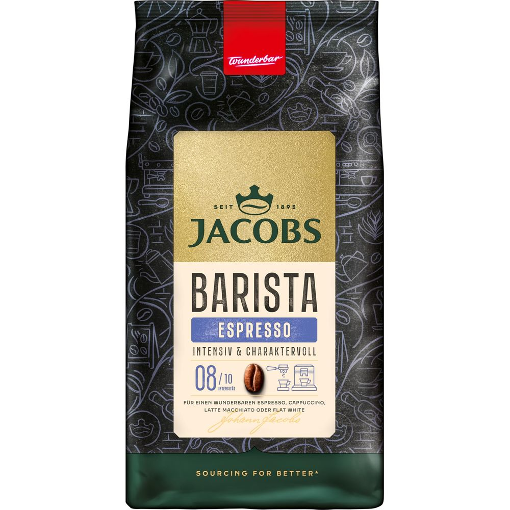 Packung Jacobs Barista Espresso Kaffee, mit goldener Mitte und Intensitätsangabe.