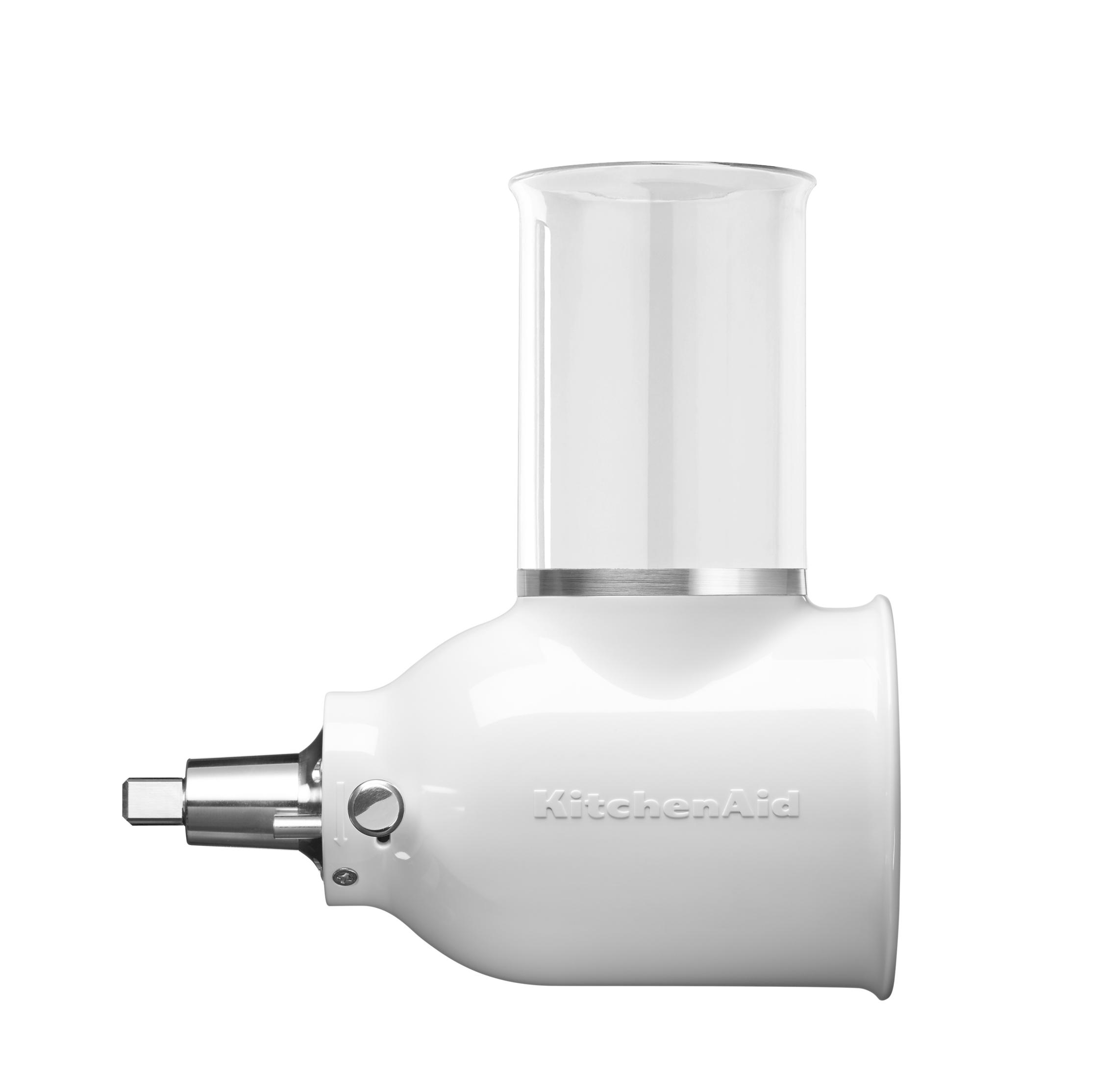 Gümüş halkalı ve cam hazneye sahip beyaz KitchenAid aparat.