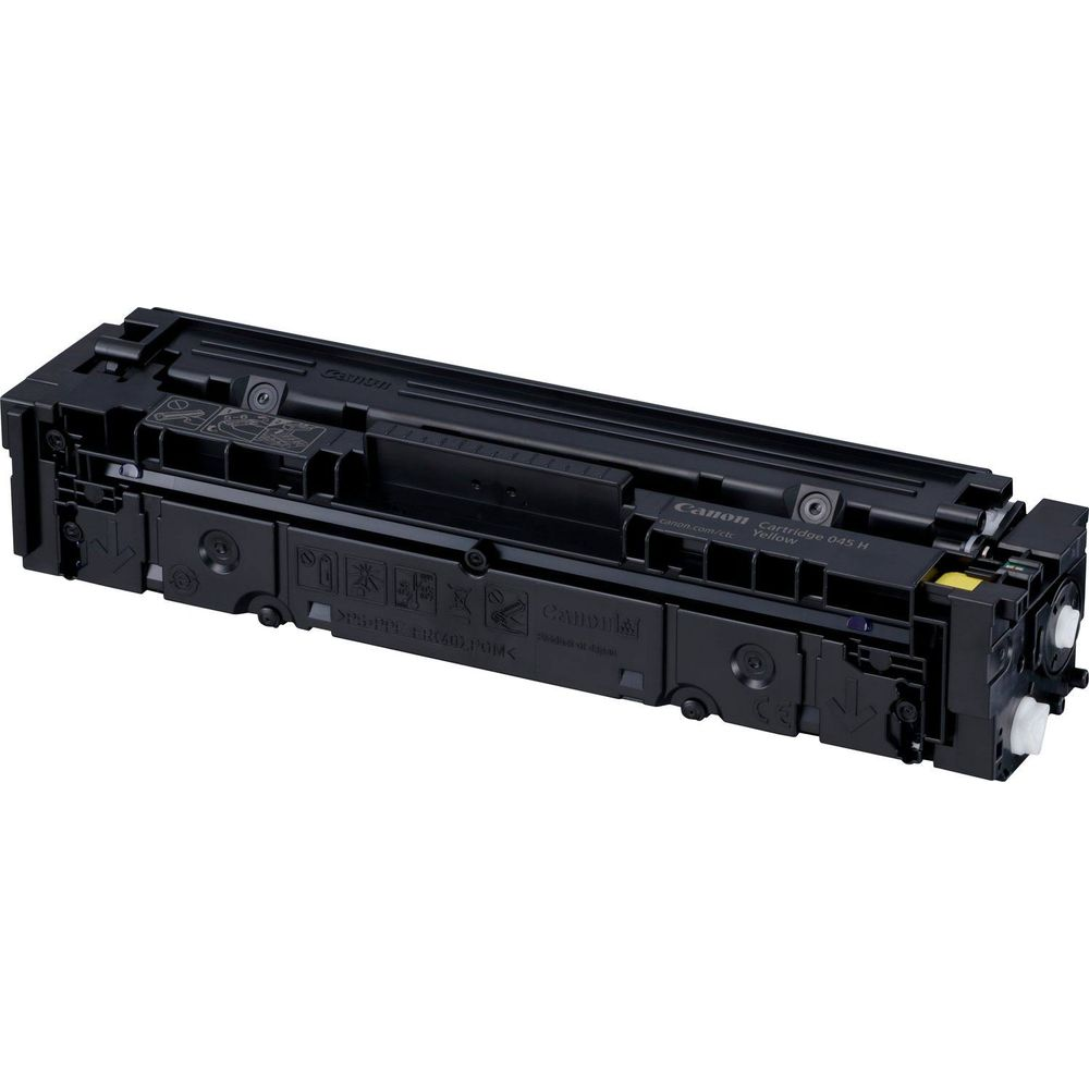 Cartouche de toner Canon 045 H noire avec accents jaunes, sur fond blanc.