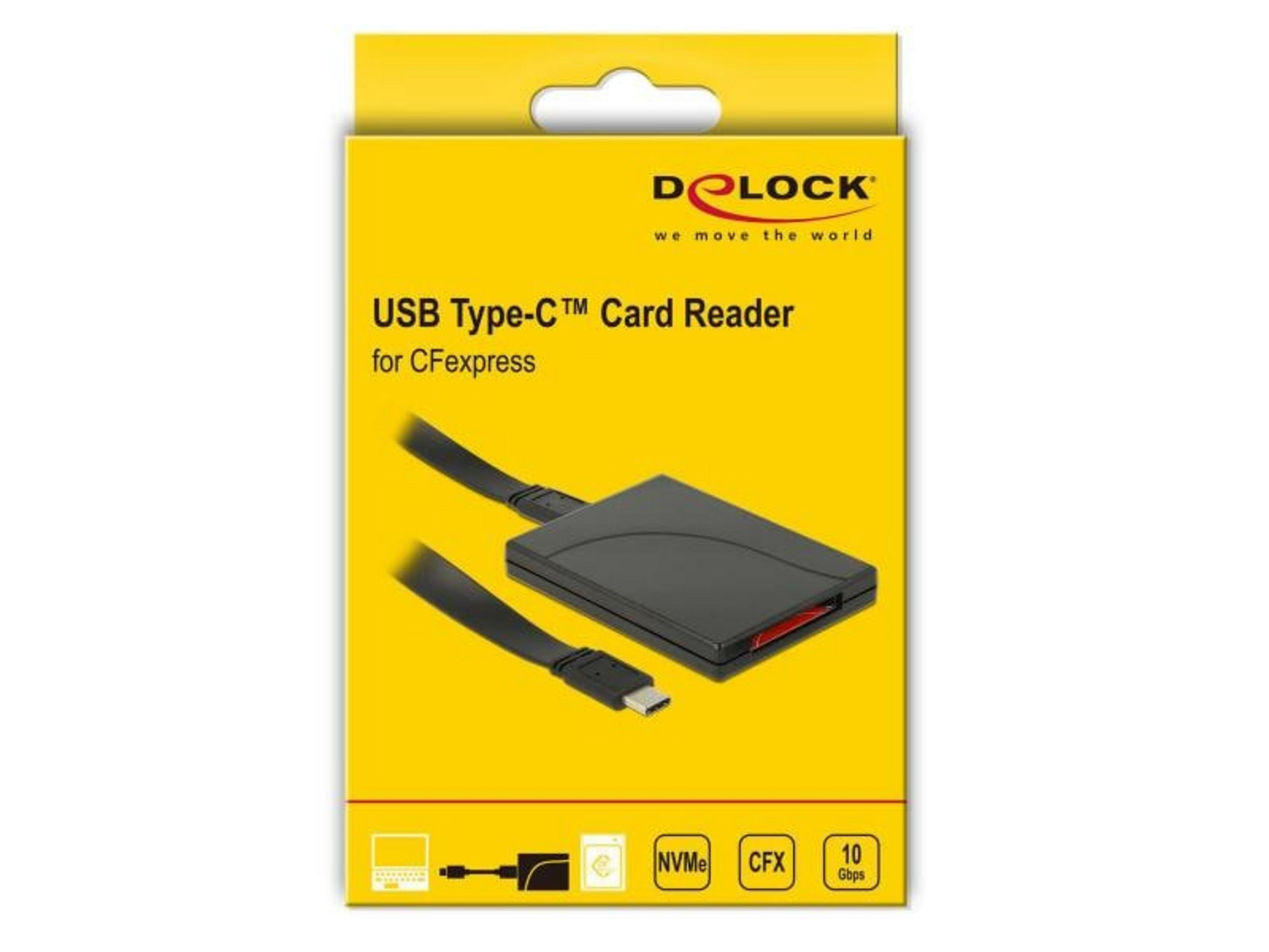 Ein schwarzer Delock USB-C Kartenleser für CFexpress mit Kabeln.