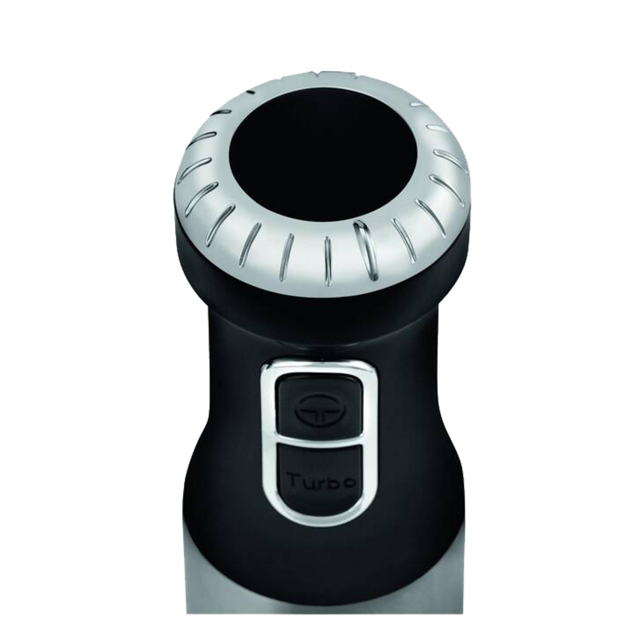 Nahaufnahme eines schwarzen Stabmixers mit silbernen Akzenten und Tasten.