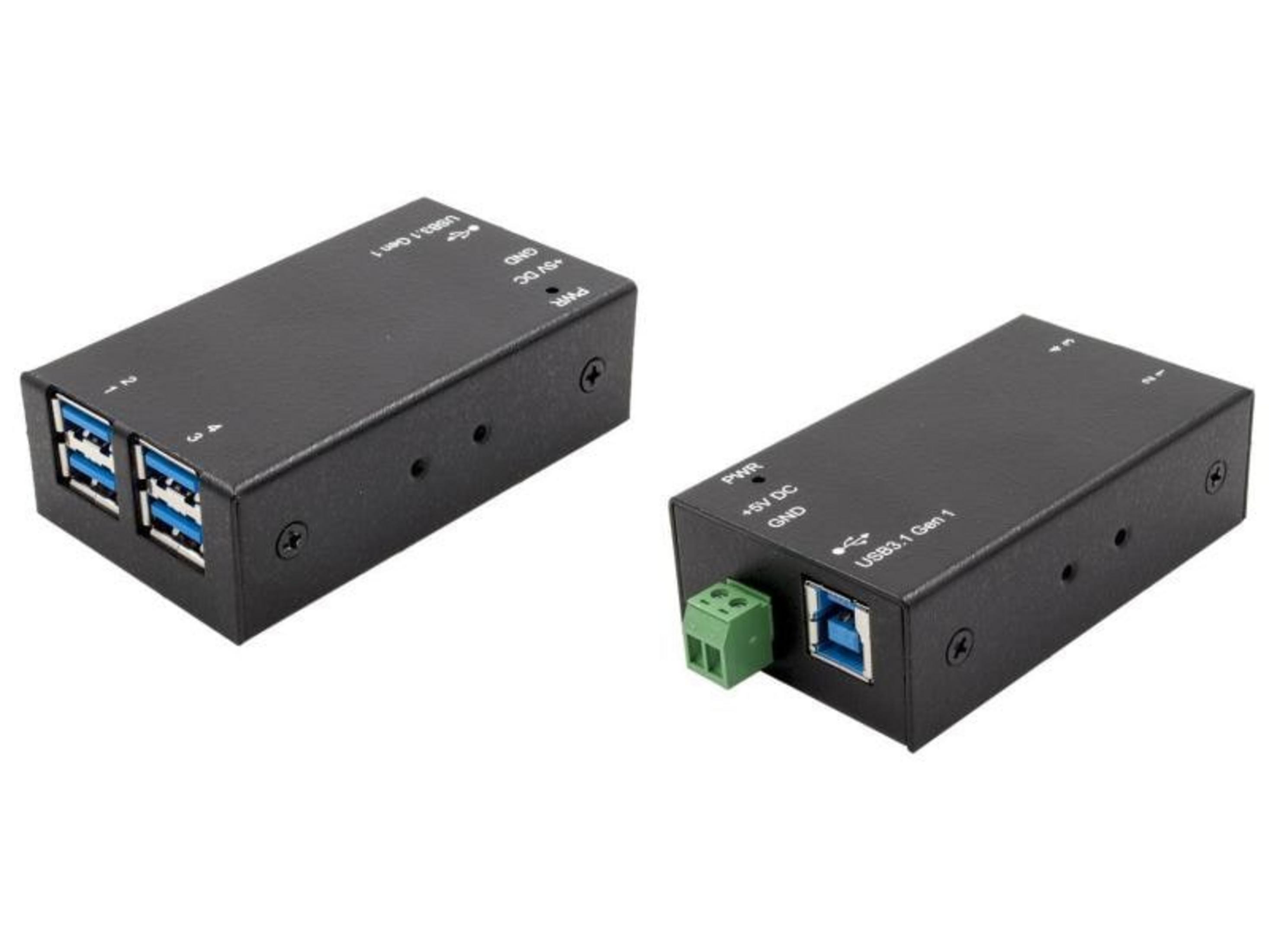 Due hub USB 3.1 Gen 1 neri. Uno ha 4 porte USB, l'altro 1 porta USB e un morsetto verde.