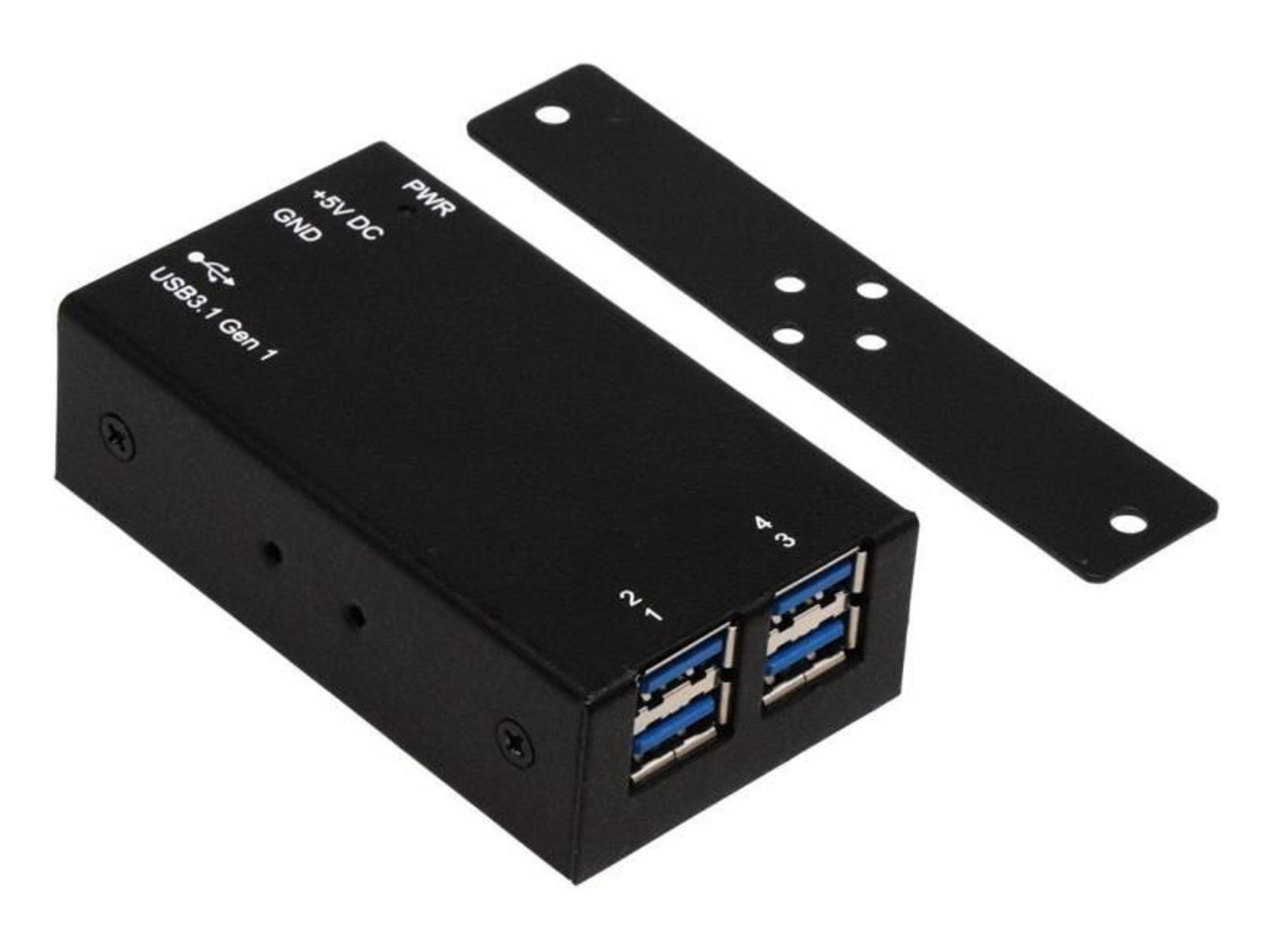 Hub USB 3.1 Gen 1 nero a 4 porte con ingresso alimentazione. Staffa inclusa.