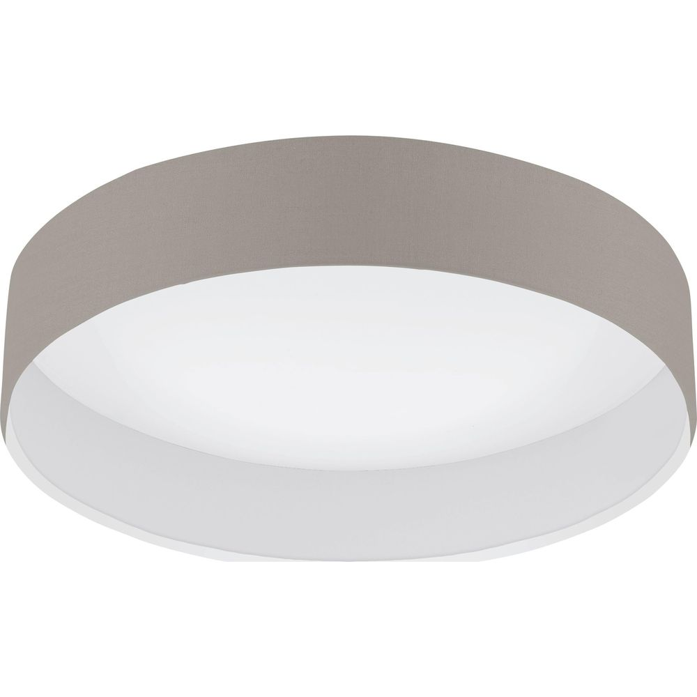 Una plafoniera rotonda con bordo in tessuto grigio e diffusore bianco.