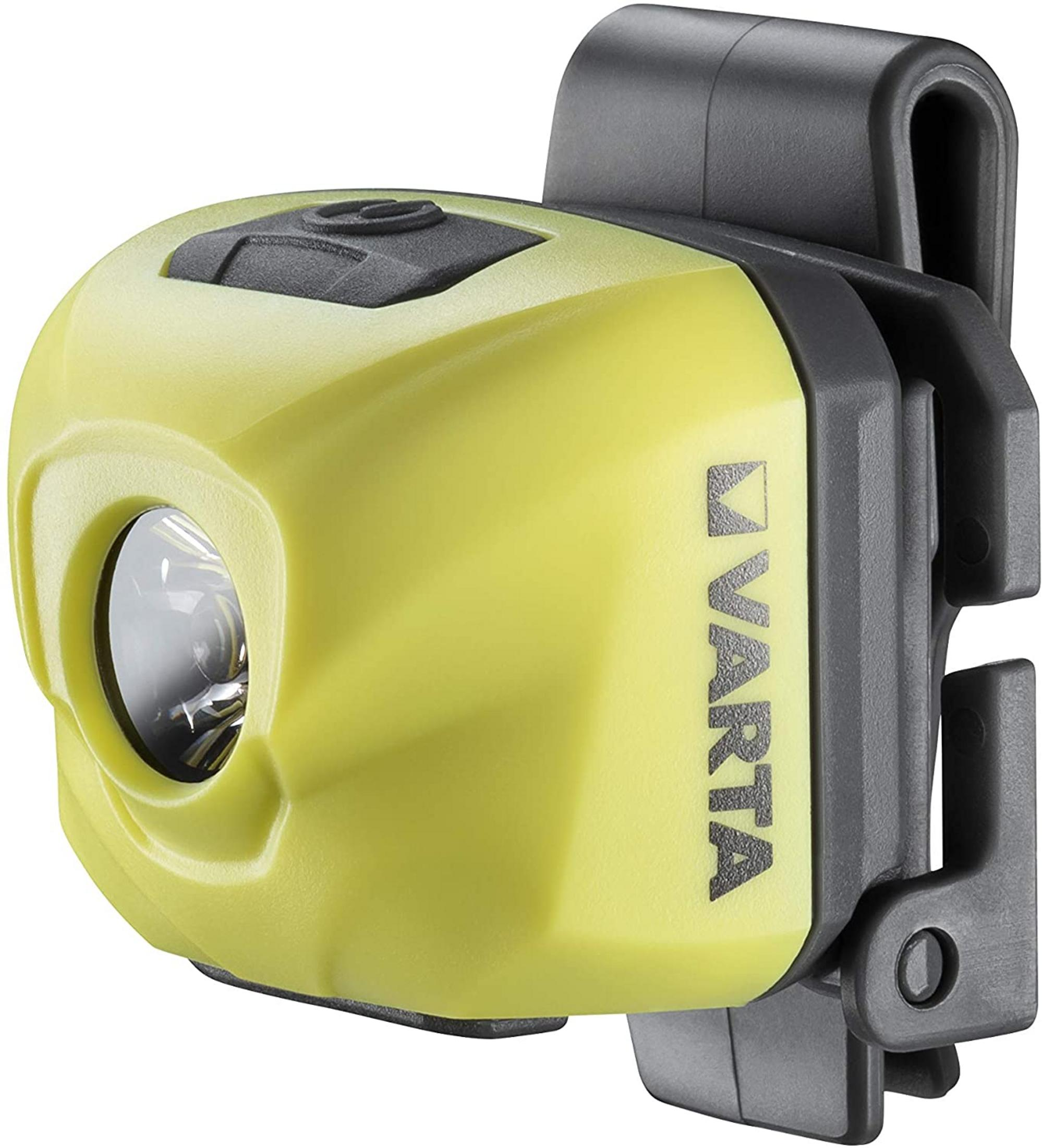 Lampe frontale Varta jaune avec clip et bouton noirs.