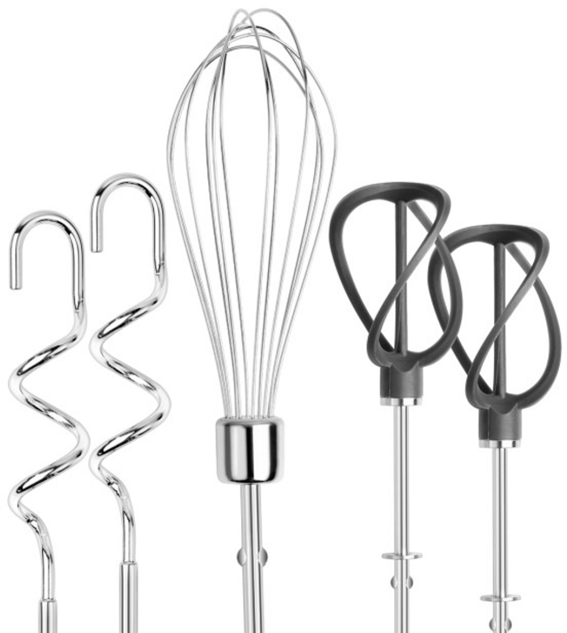 Two silver dough hooks, a whisk, and two black beater attachments.