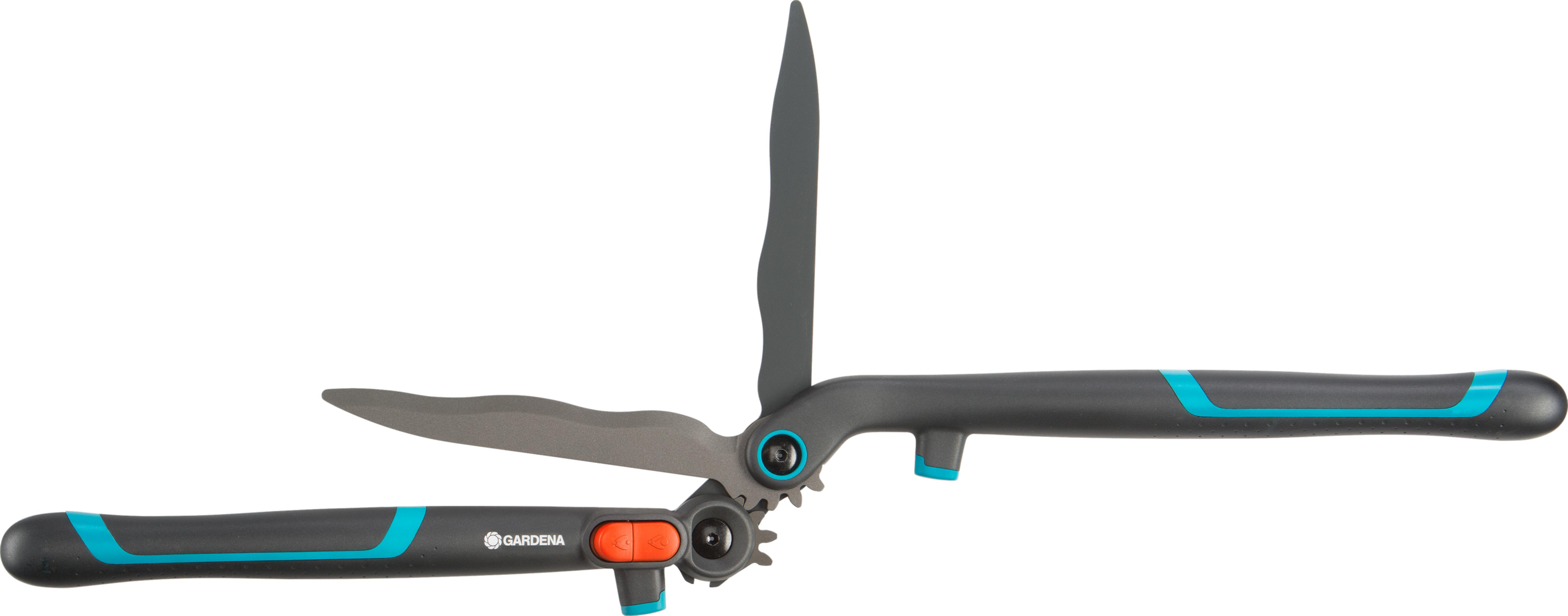 Szare nożyce ogrodnicze z niebiesko-czarnymi uchwytami i czerwoną dźwignią.