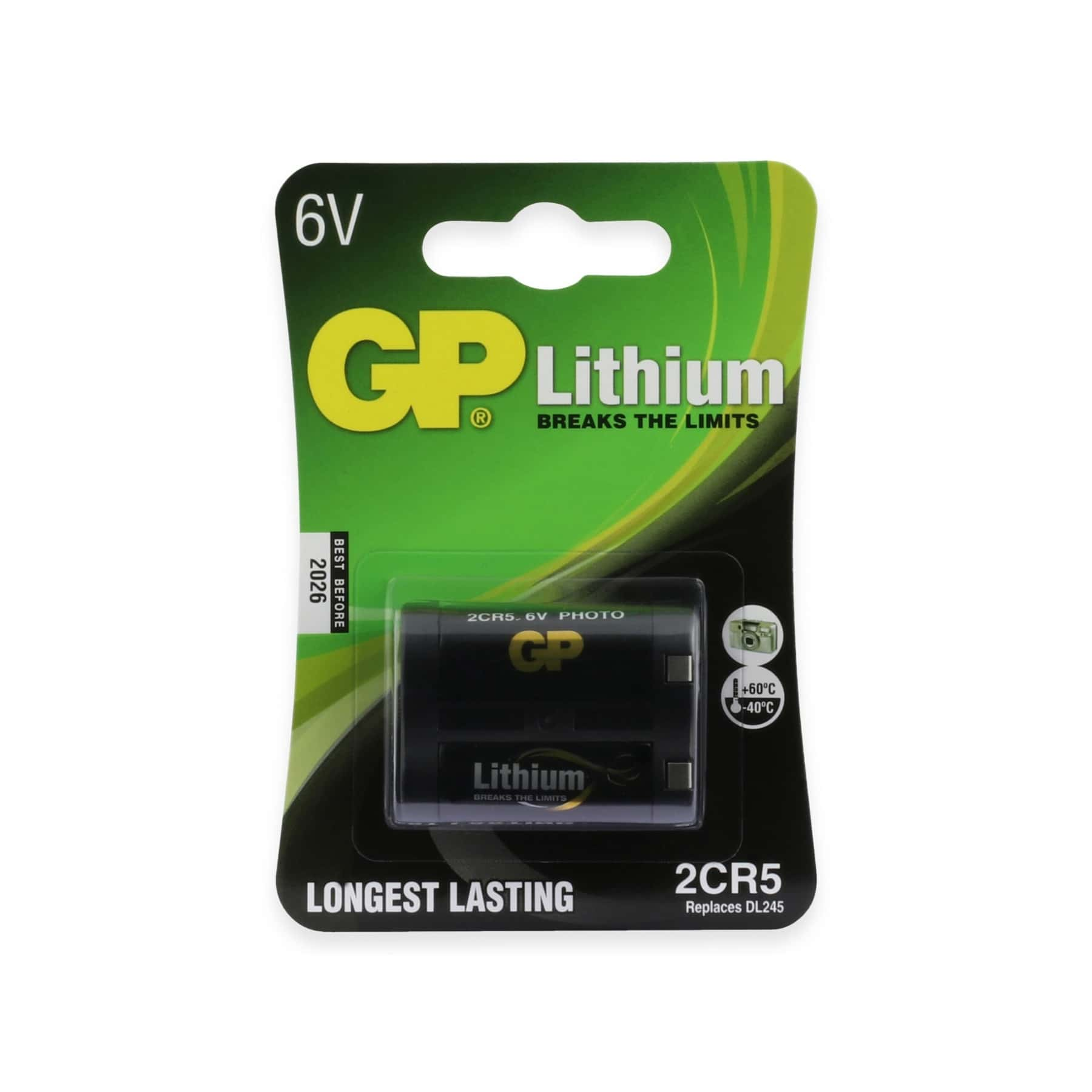 GP 6V Lithium 2CR5 Batterie, 2026 haltbar. Geeignet für +60°C bis -40°C.
