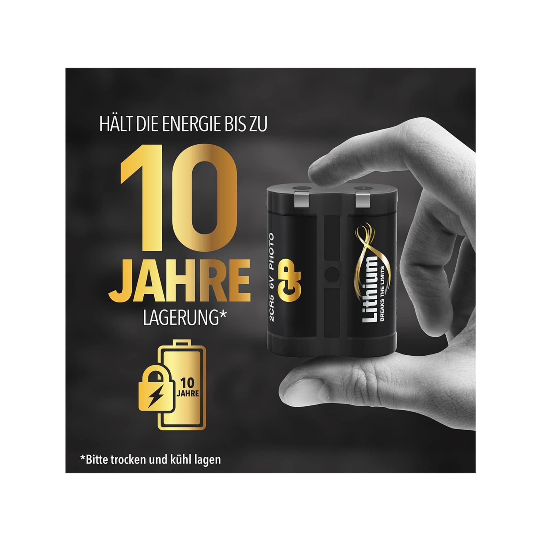 Eine Hand hält eine Lithiumbatterie, 10 Jahre Lagerung.