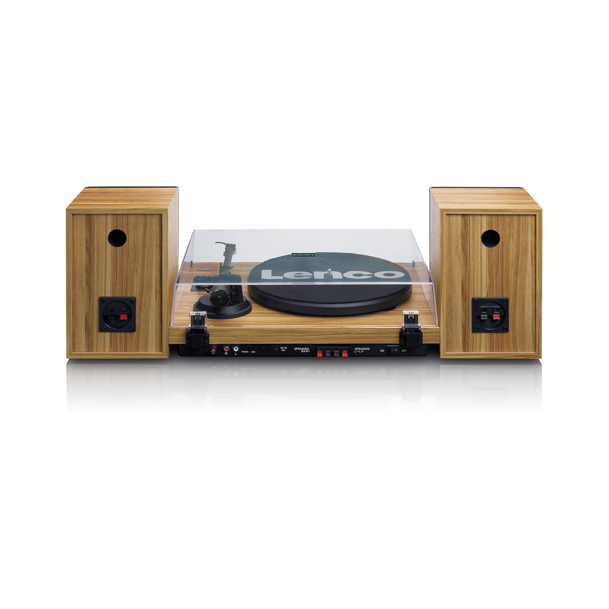 Gramofon z dwoma drewnianymi głośnikami, białe tło.